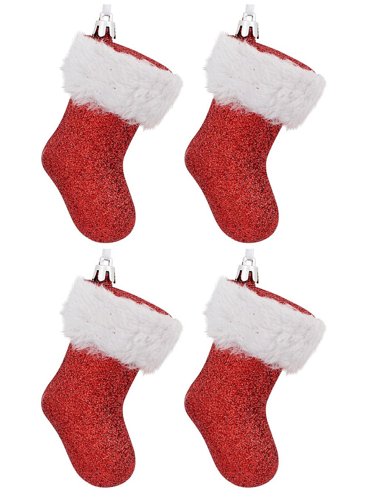 4x Red Glitter Christmas Stocking Whimsical Essential Ornaments | 10cm