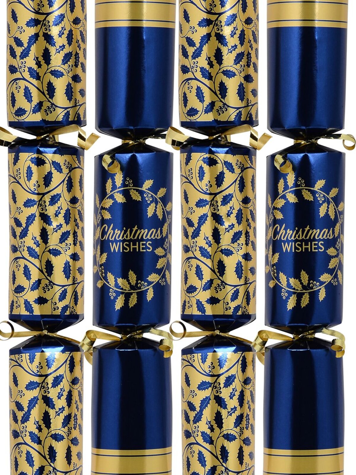 50x Blue & Gold Christmas Wishes Vine & Wreath Bon Bons (Crackers) | 30cm