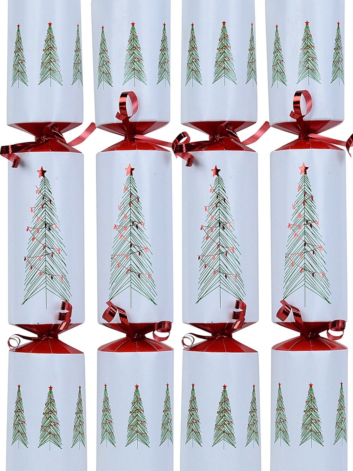 50x Green Trees With Red Stars On White Christmas Bon Bons (Crackers) | 30cm