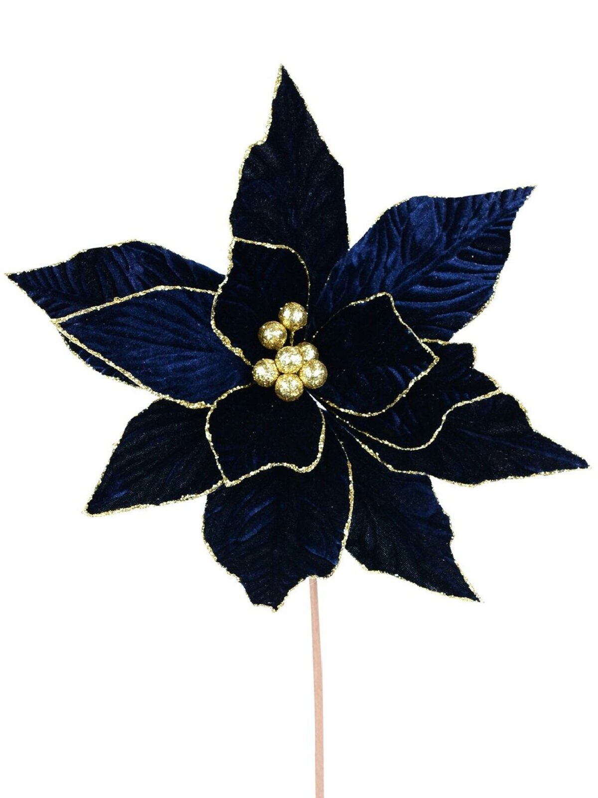 Royal Blue Velvet & Gold Poinsettia Long Christmas Stem | 54cm