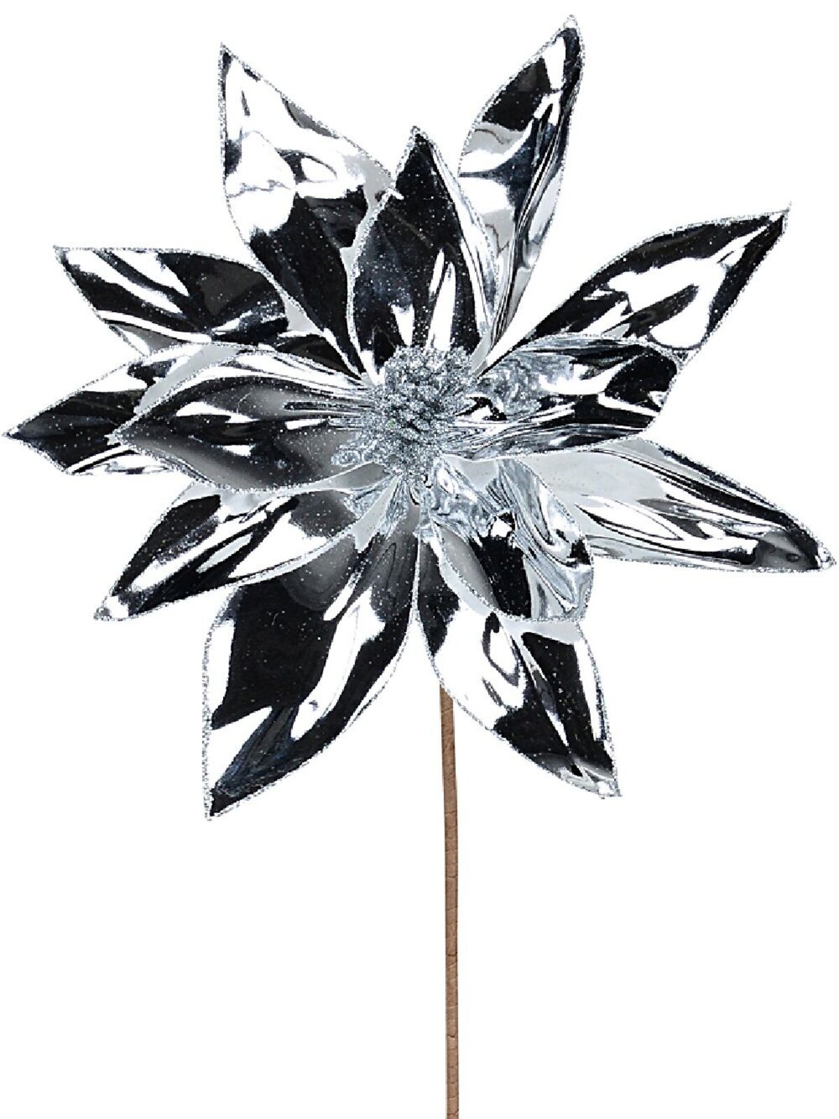 Silver Patent High Shine Poinsettia Long Christmas Stem | 55cm