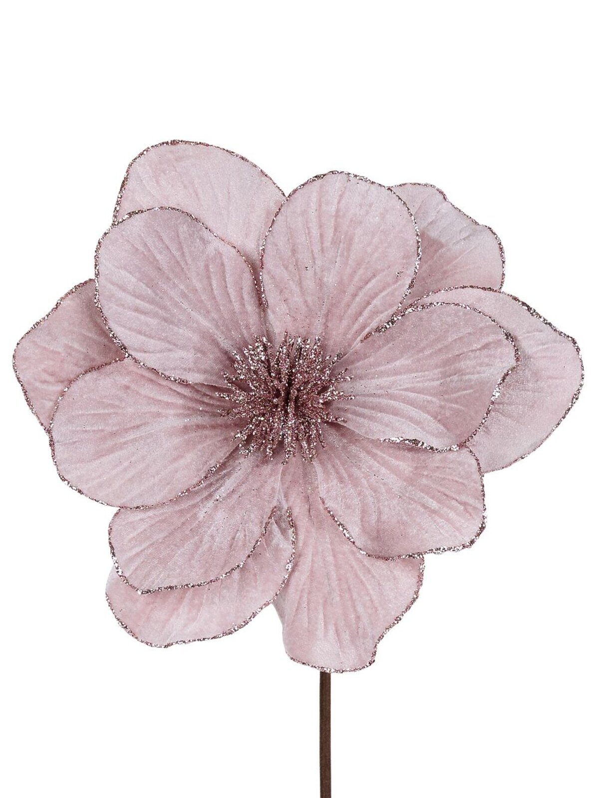 Pale Pink Fabric With Glitter Magnolia Long Christmas Stem | 56cm