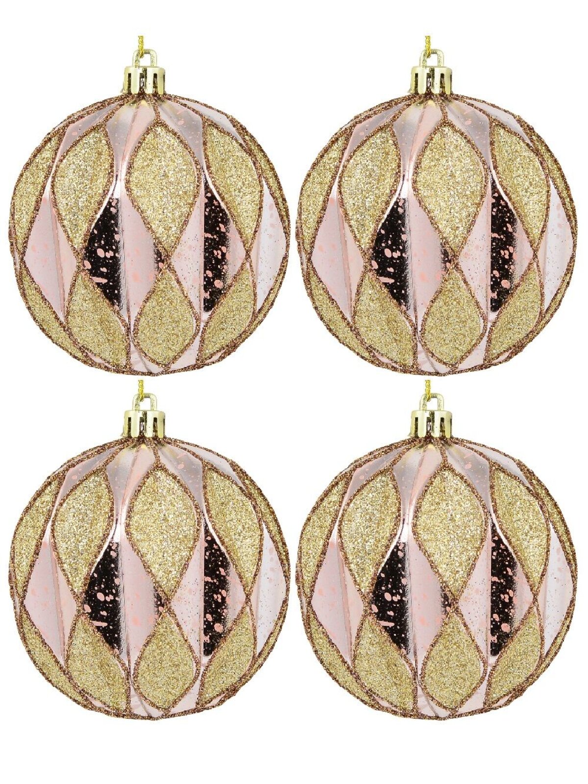 6 x 60cm Light Pink Christmas Baubles With Gold Geometric Textured Pattern