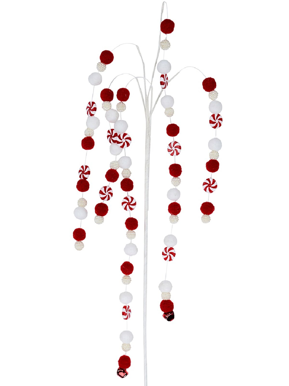 Red & White Candy Balls & Bells Weeping Willow Long Christmas Stem | 65cm