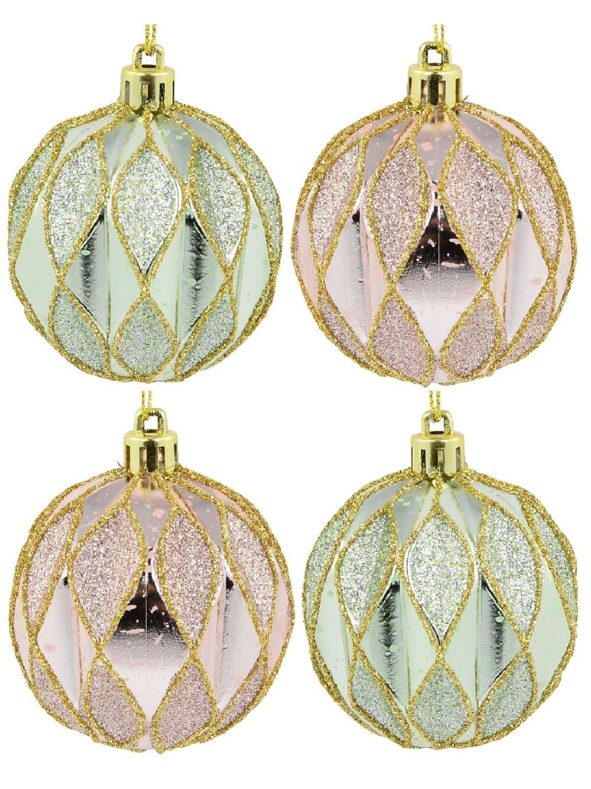 6x 60mm Light Pink & Green Geometric Shiny & Glitter Christmas Baubles
