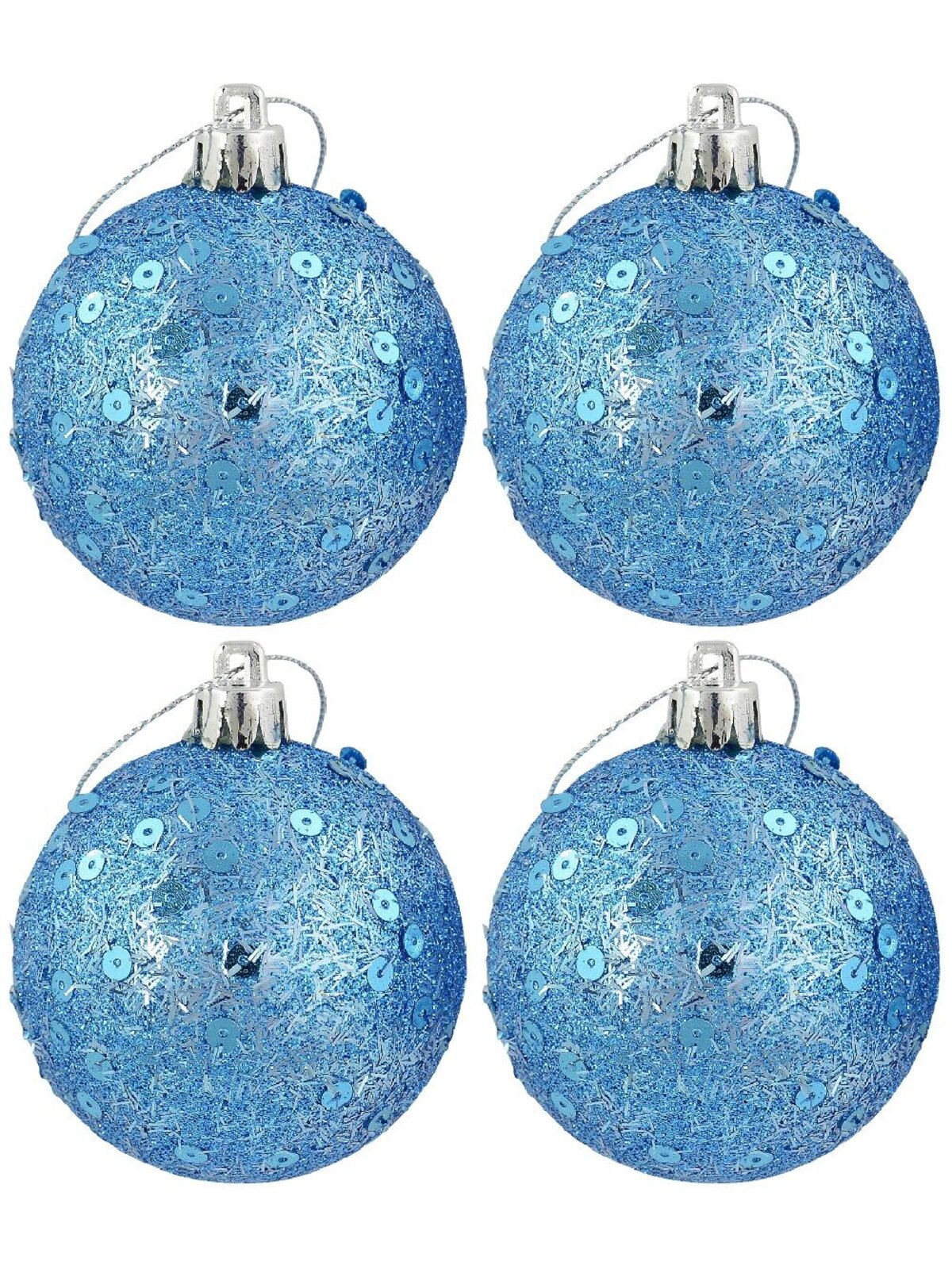 6x 60mm Turquoise Glitter & Sequin Christmas Baubles