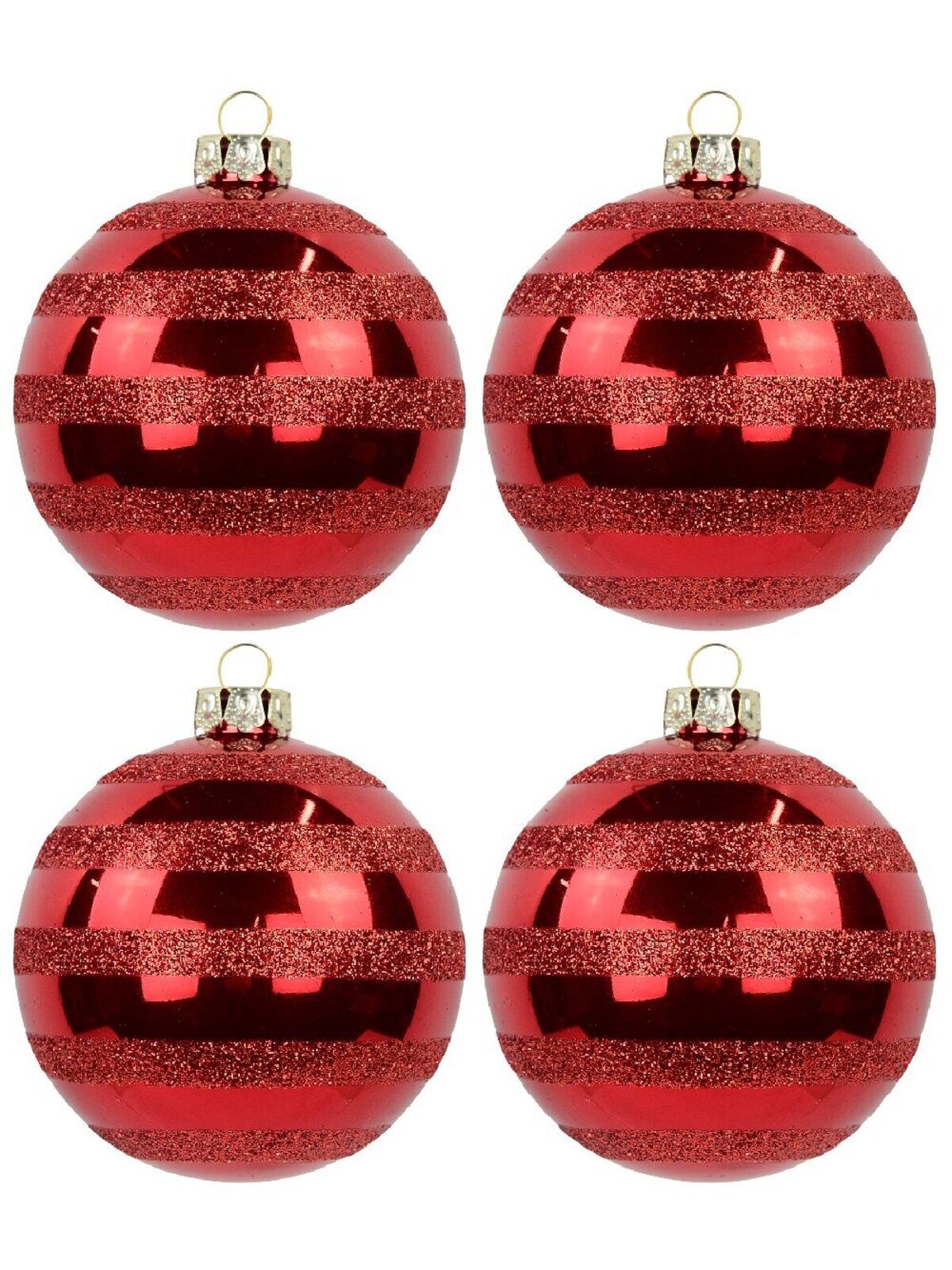 6x 70mm Festive Red Gloss Christmas Baubles With Glitter Stripes