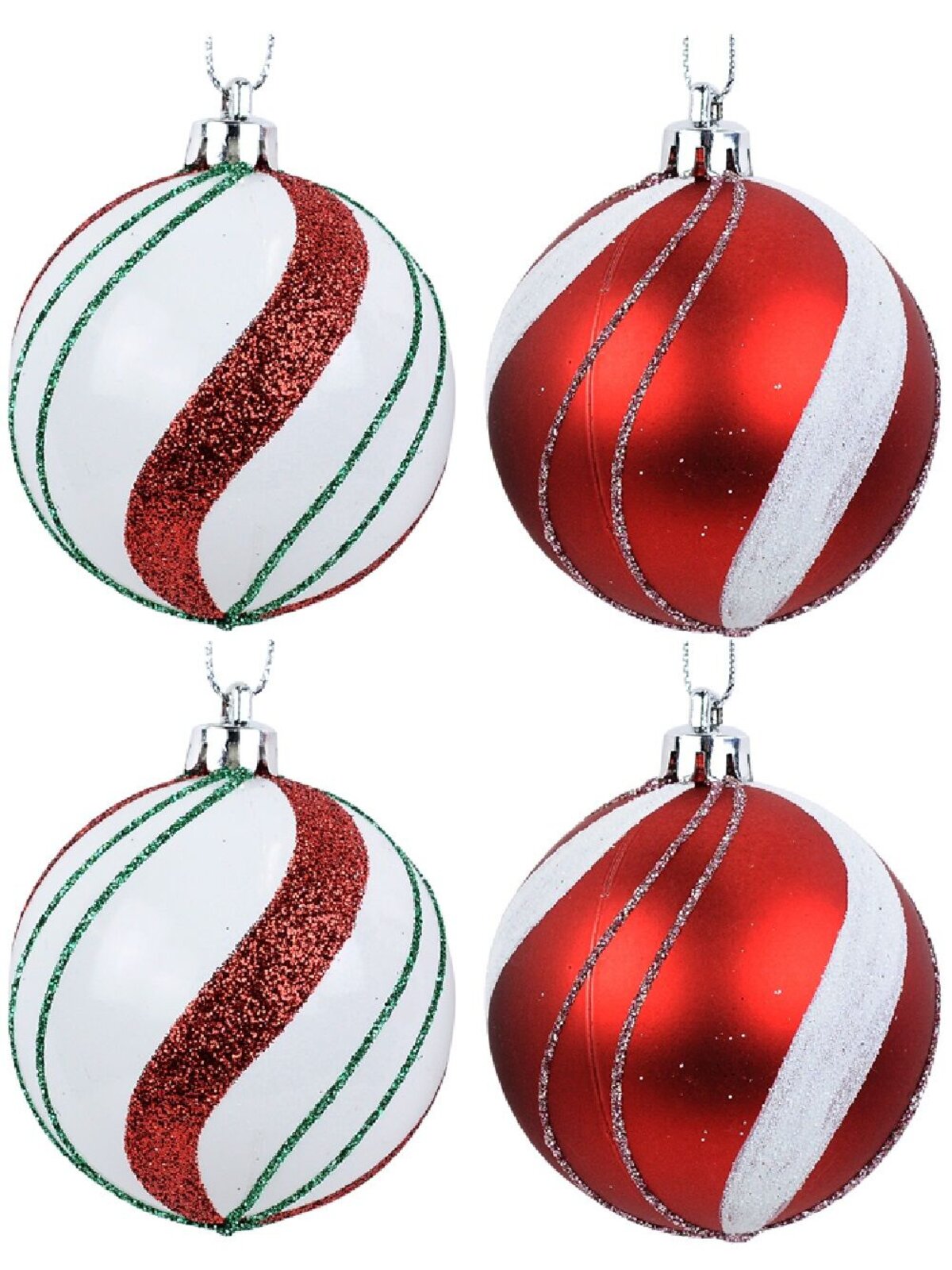 6x Dynamic Red & White Essential Candy Swirl Glitter Baubles | 60mm