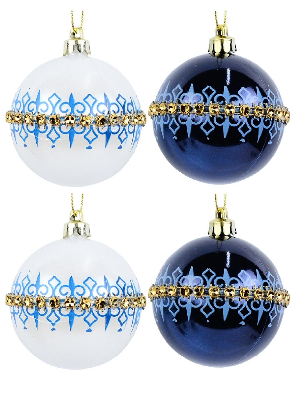 6x Opulent Blue & White Essential Fleur De Lis Diamante Baubles | 60mm