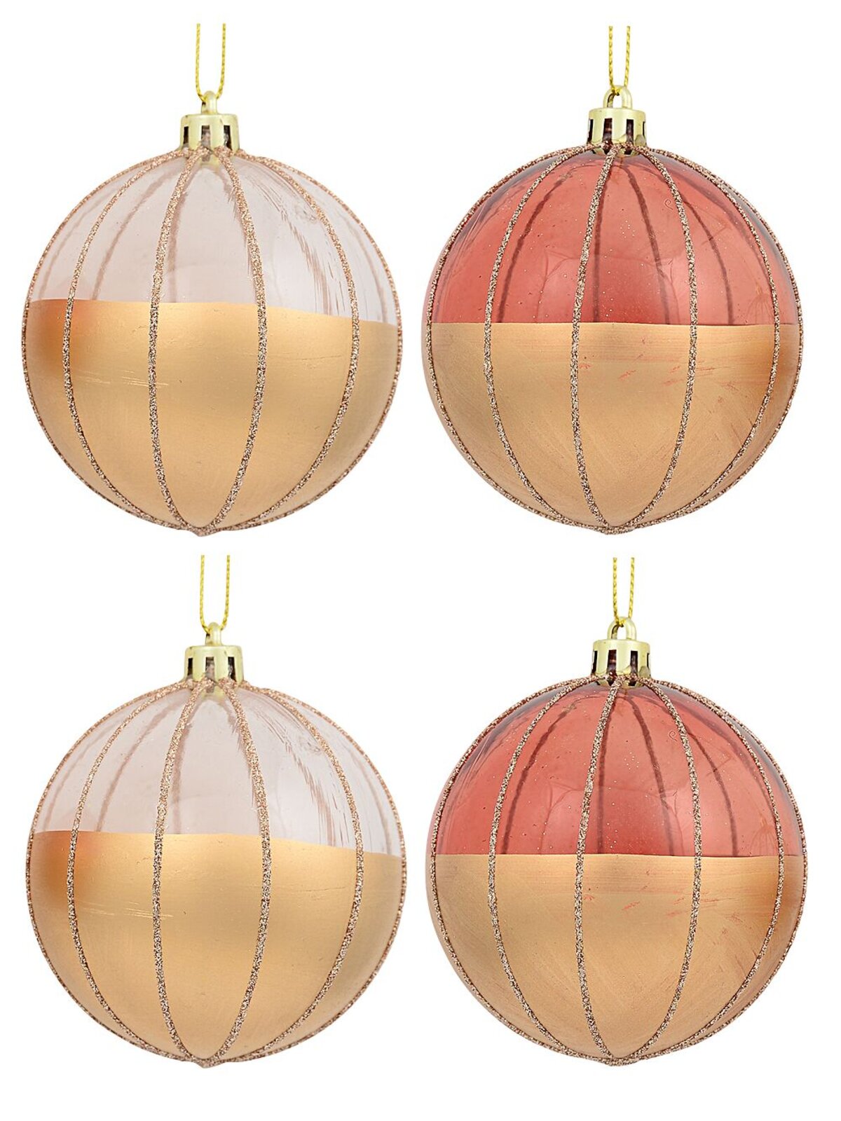 6x Timeless Gold Rose Gold & Clear Essential Glitter Striped Ball Bauble | 60mm