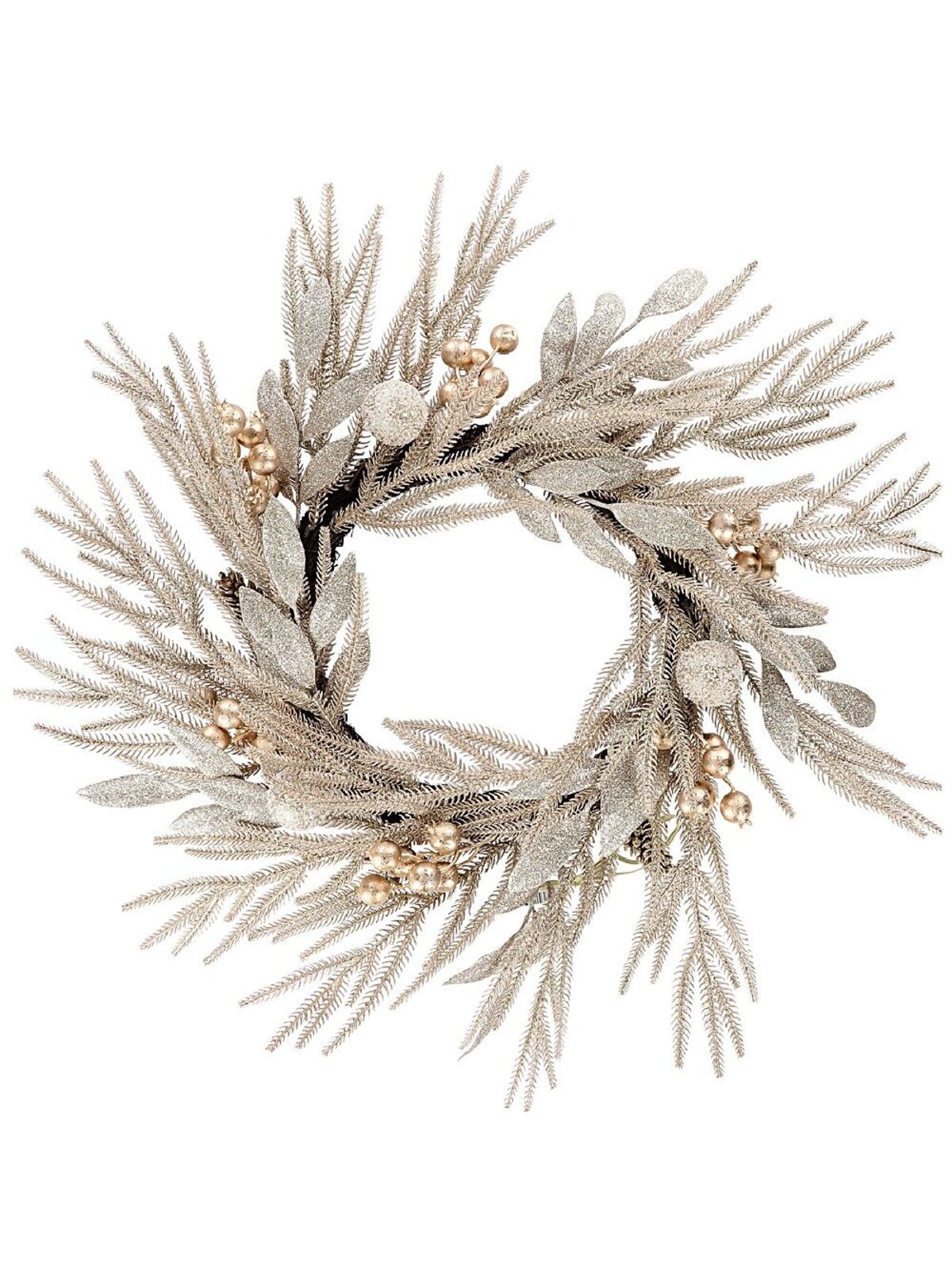 70cm Rose Gold & Champagne Wreath With Mixed Foliage & Baubles