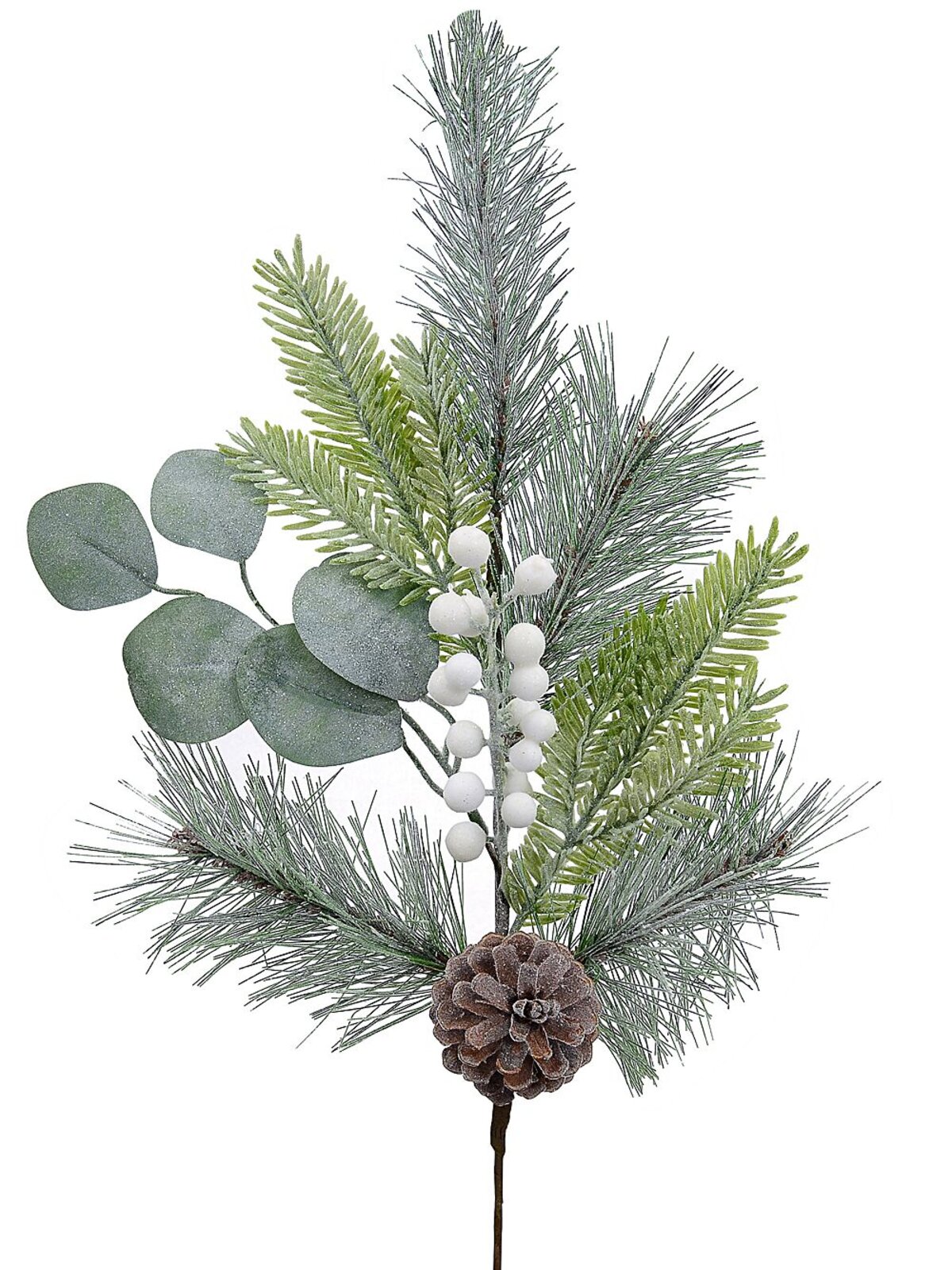 Three Style Pine Branches & White Berries Long Christmas Stem | 70cm