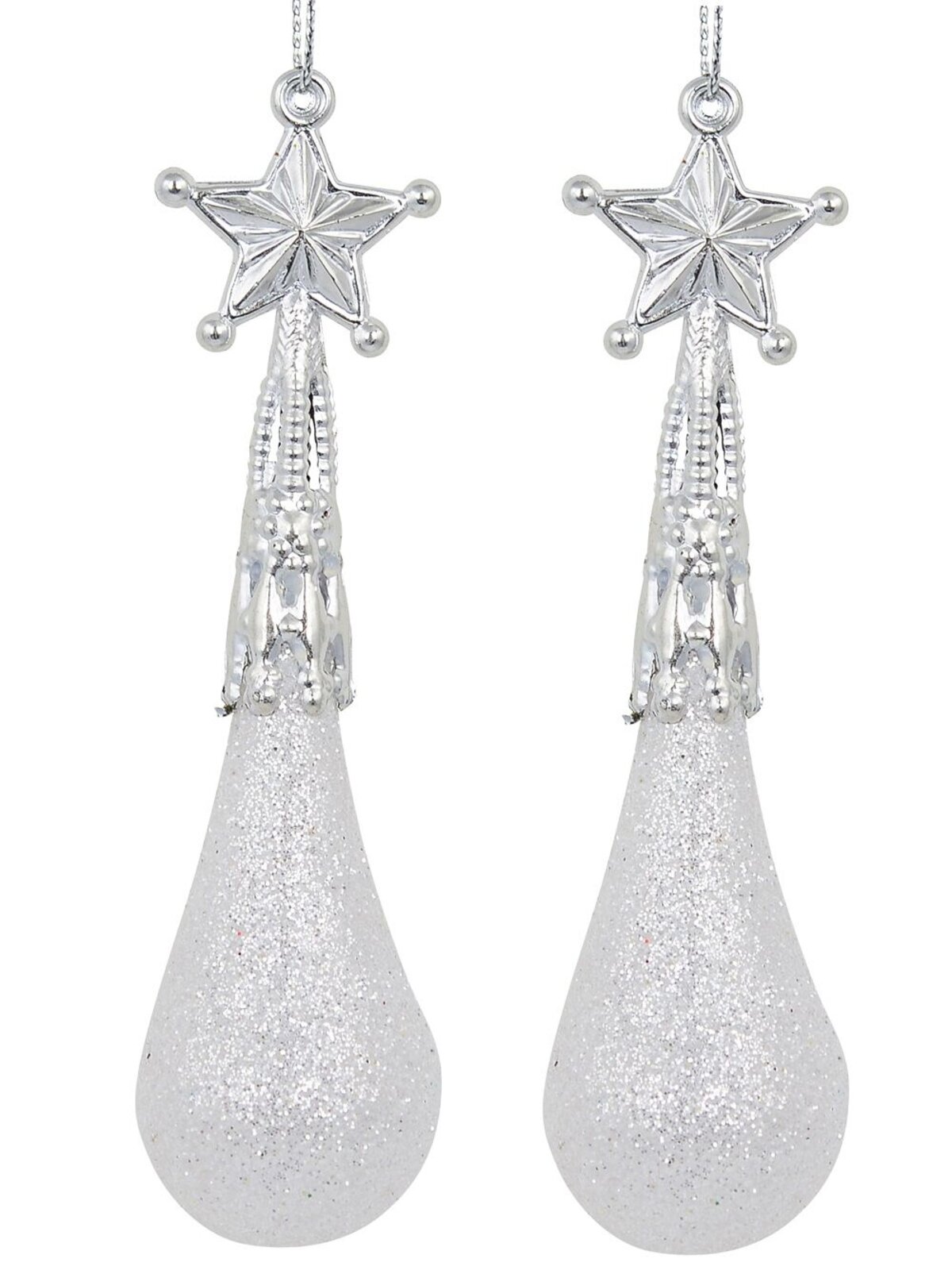 8x White Glitter Teardrop Icicle Whimsical Essential Ornaments | 11cm