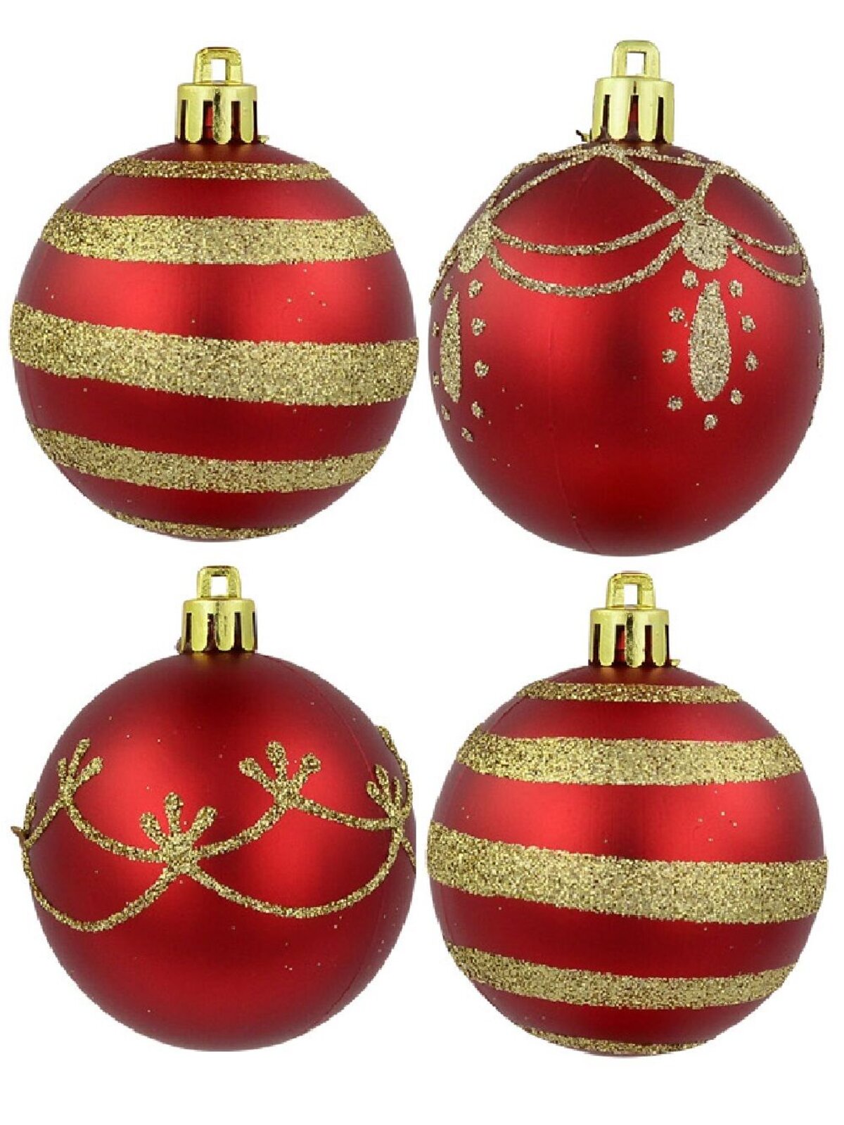9x 60mm Red Baubles With Gold Stripe, Draped & Ornate Designs