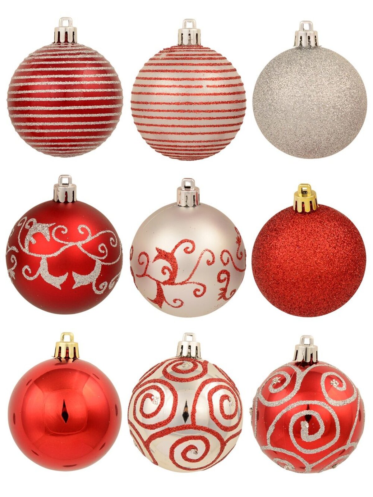 9x 60mm Red & Silver Christmas Baubles With Four Glitter Designs & Metallic