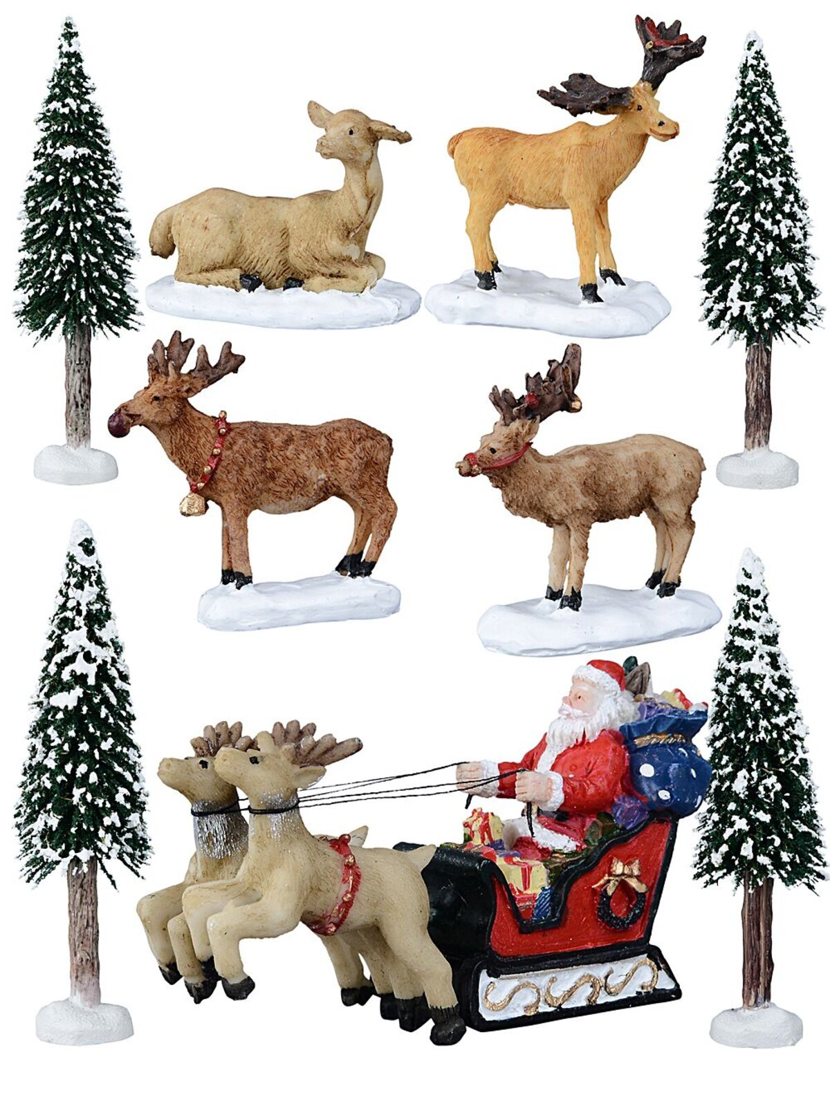 9x Santa & Sleigh With Reindeer, Moose & Trees Village Scene | 14cm Tree