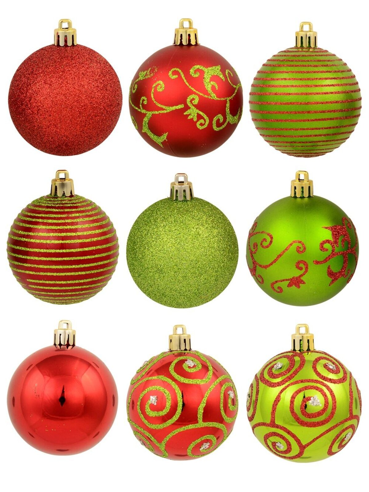 9x Timeless Red & Green Essential Ornate Glitter Ball Bauble Set | 60mm