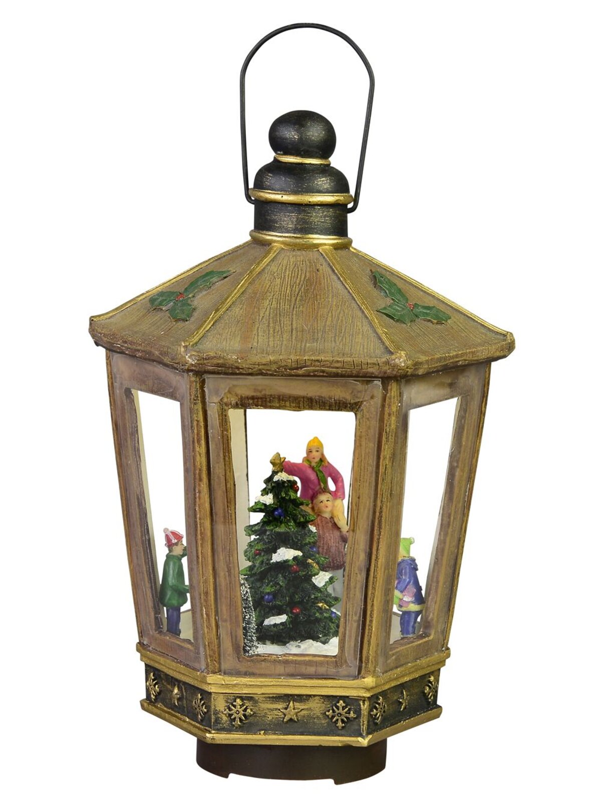 Animated, Musical & Illuminated Brushed Gold Lantern With Scene Inside - 28cm