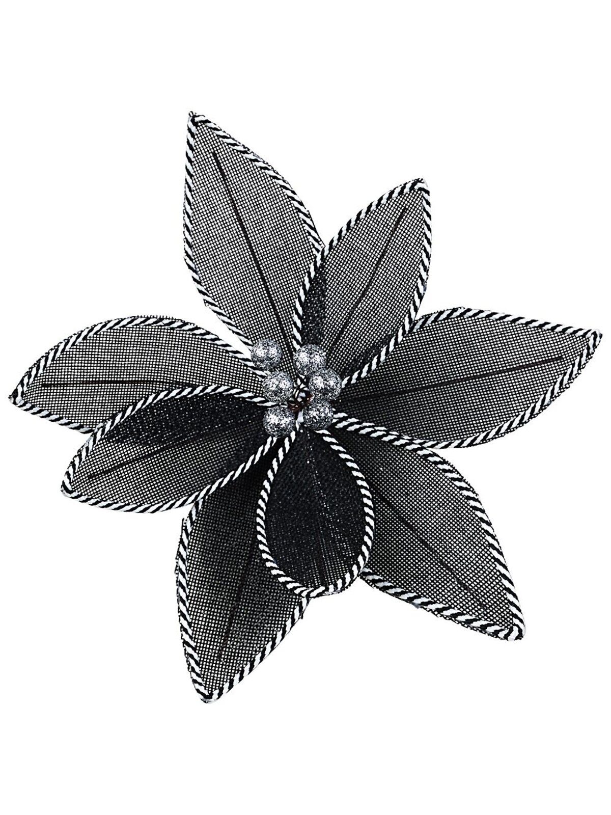 Black Mesh & White Twisted Cord Poinsettia Christmas Tree Clip Pick | 26cm