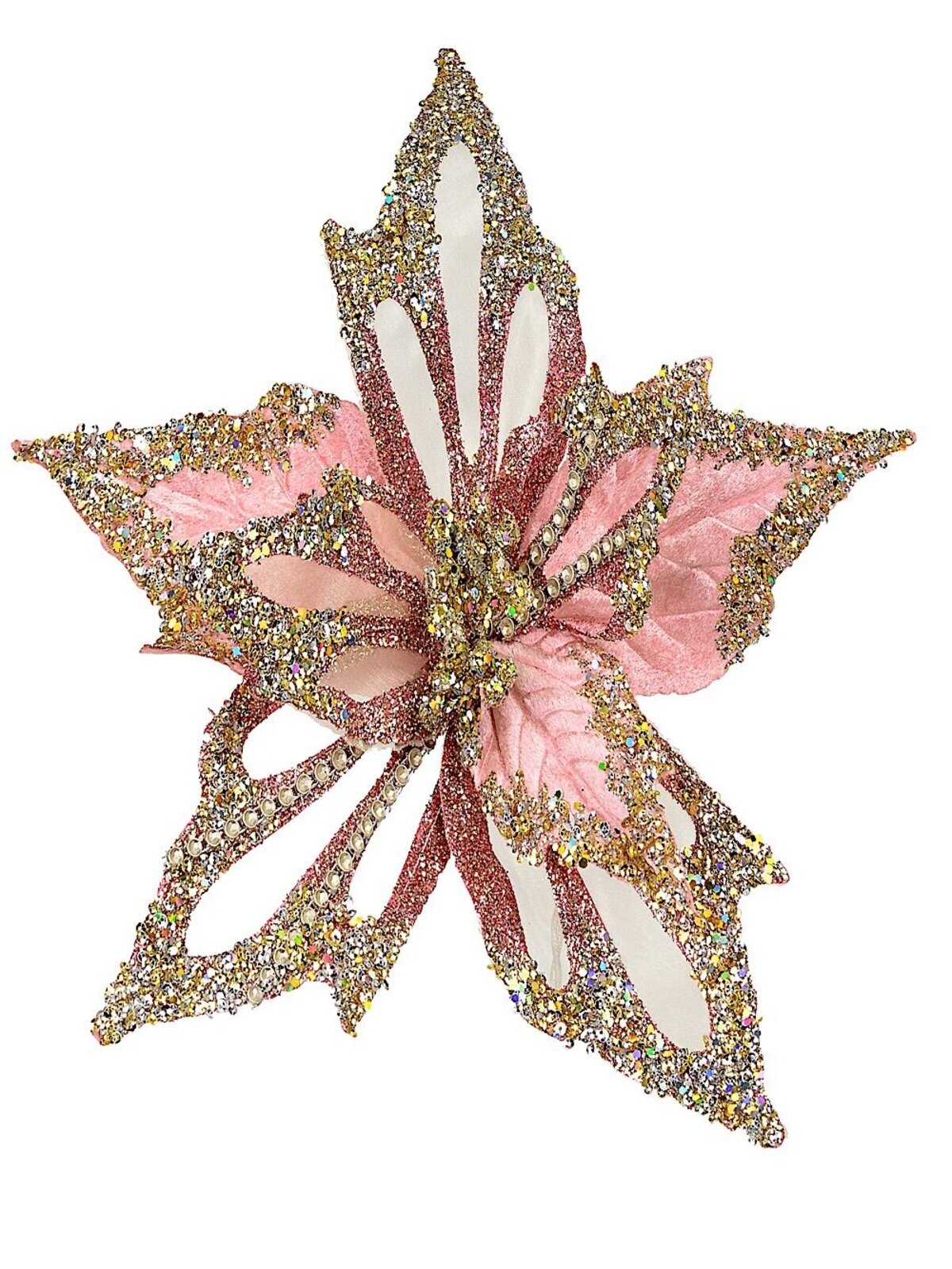 Blush Pink Long Poinsettia Pick with Silver & Gold Detail with Clip - 24cm