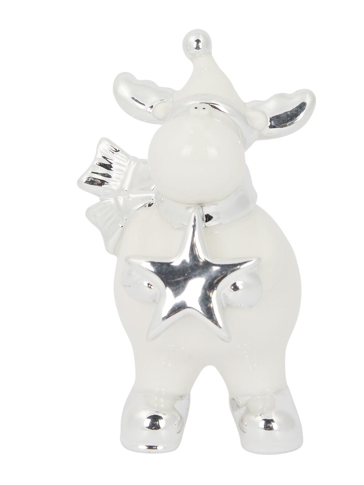 Ceramic Reindeer Standing Ornament In White Gloss & Silver - 14cm