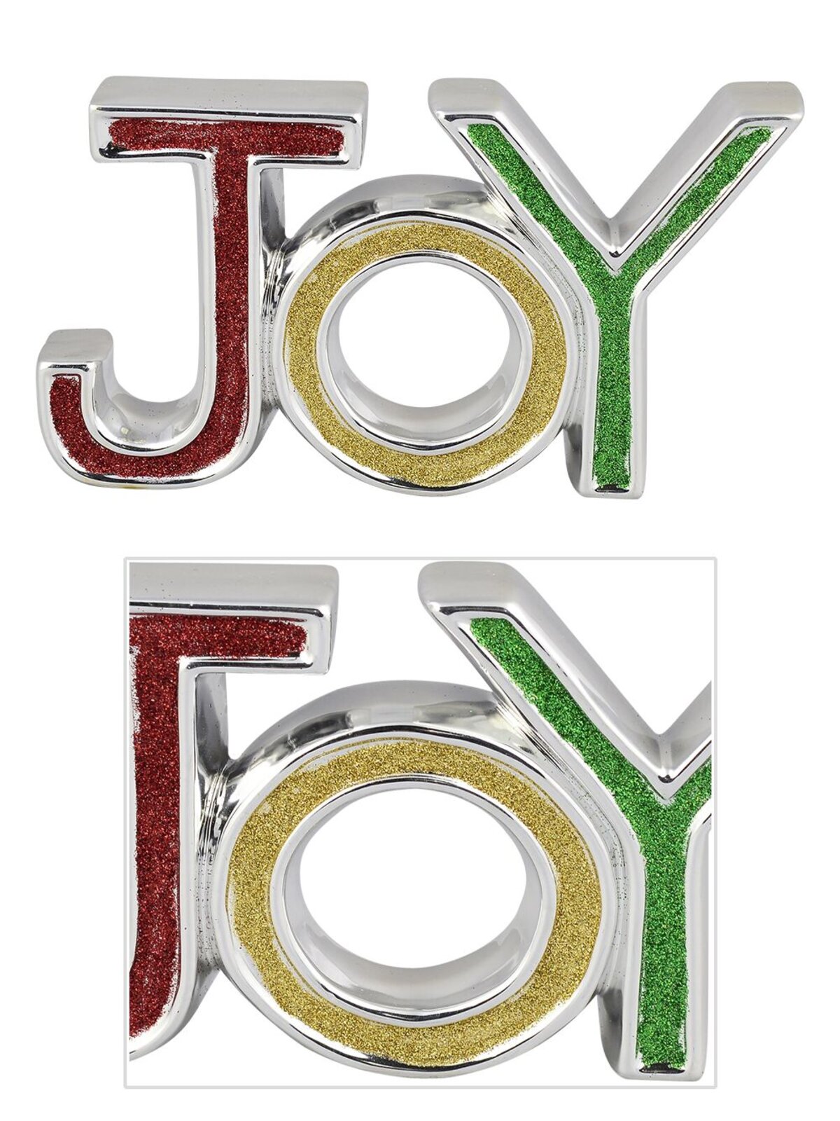 Ceramic Silver Border JOY Ornament With Glittered Colour Letters - 19cm