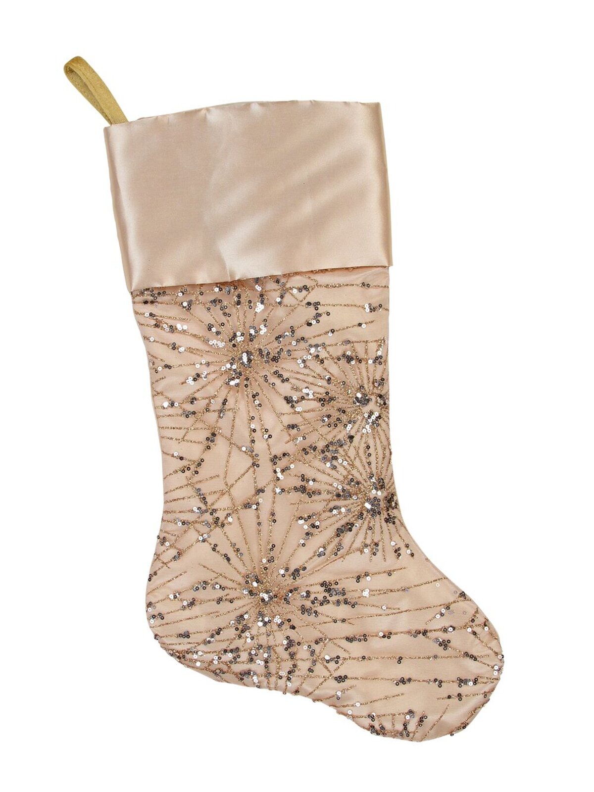 Champagne Satin With Sequin Starburst Pattern Christmas Stocking - 48cm