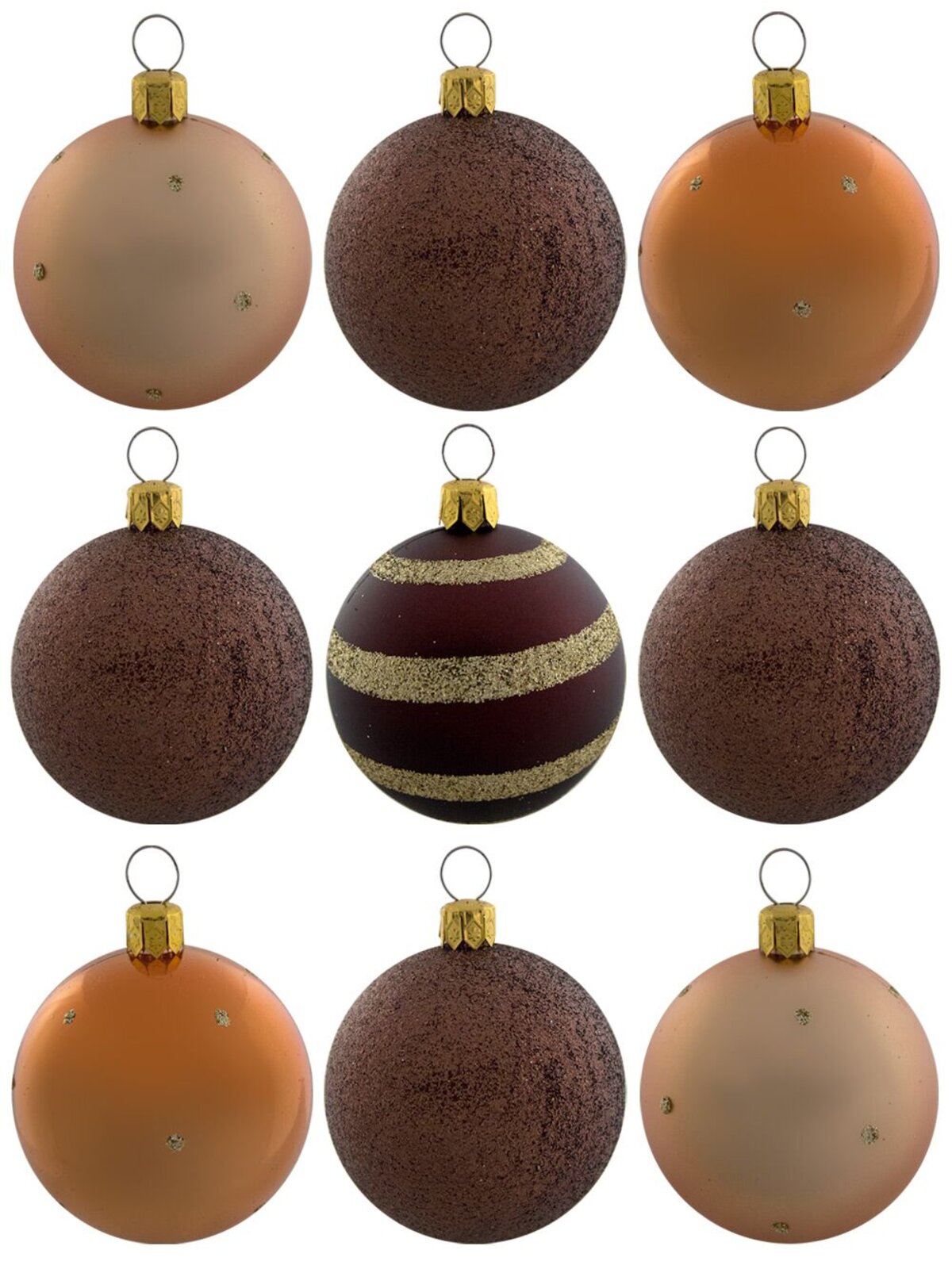 Chocolate & Copper Baubles In Assorted Styles - 9 x 60mm 