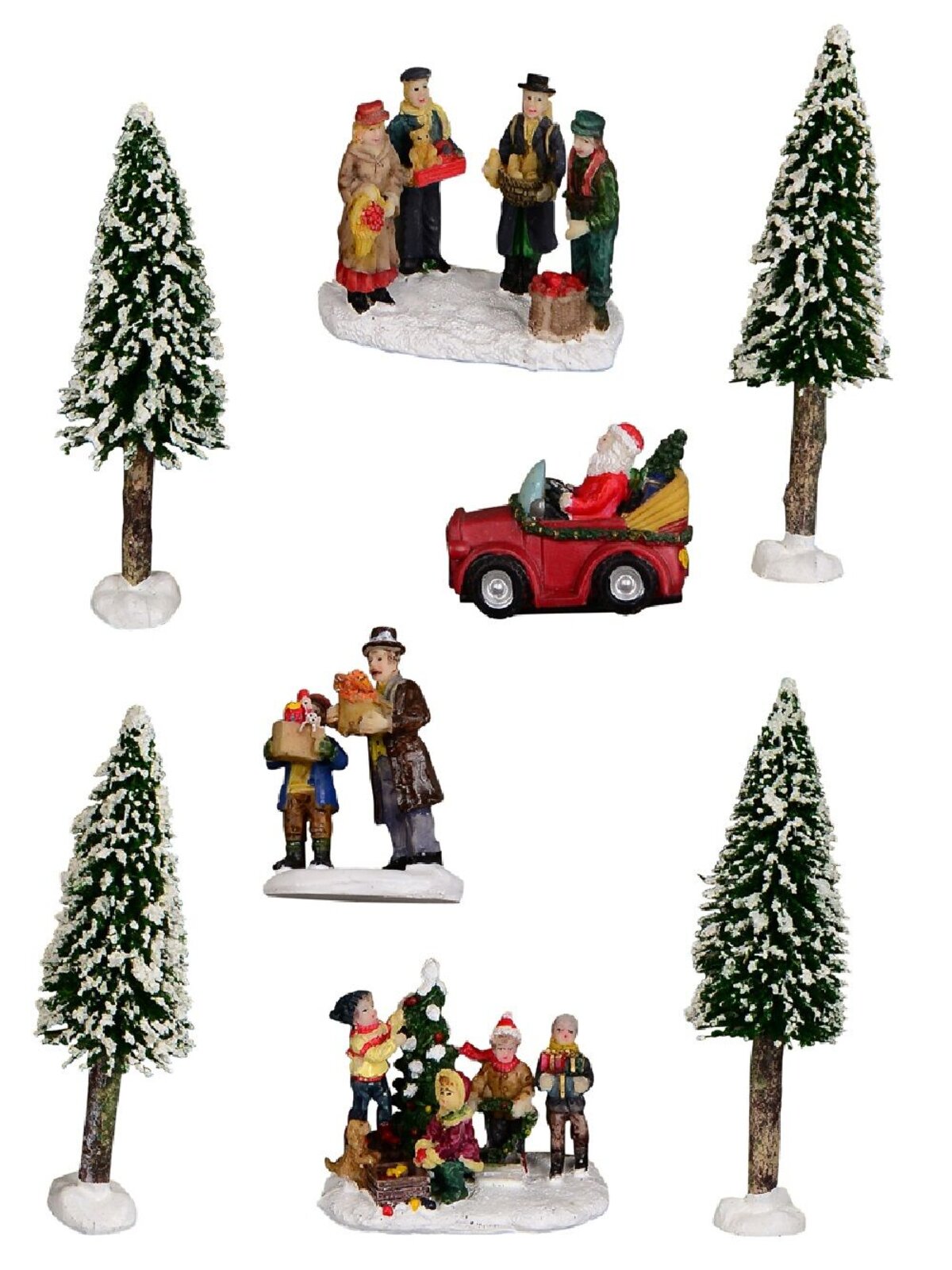 Cruising Santa, Decorating Tree & Gift Giving Christmas Figurines - 8 Piece Set