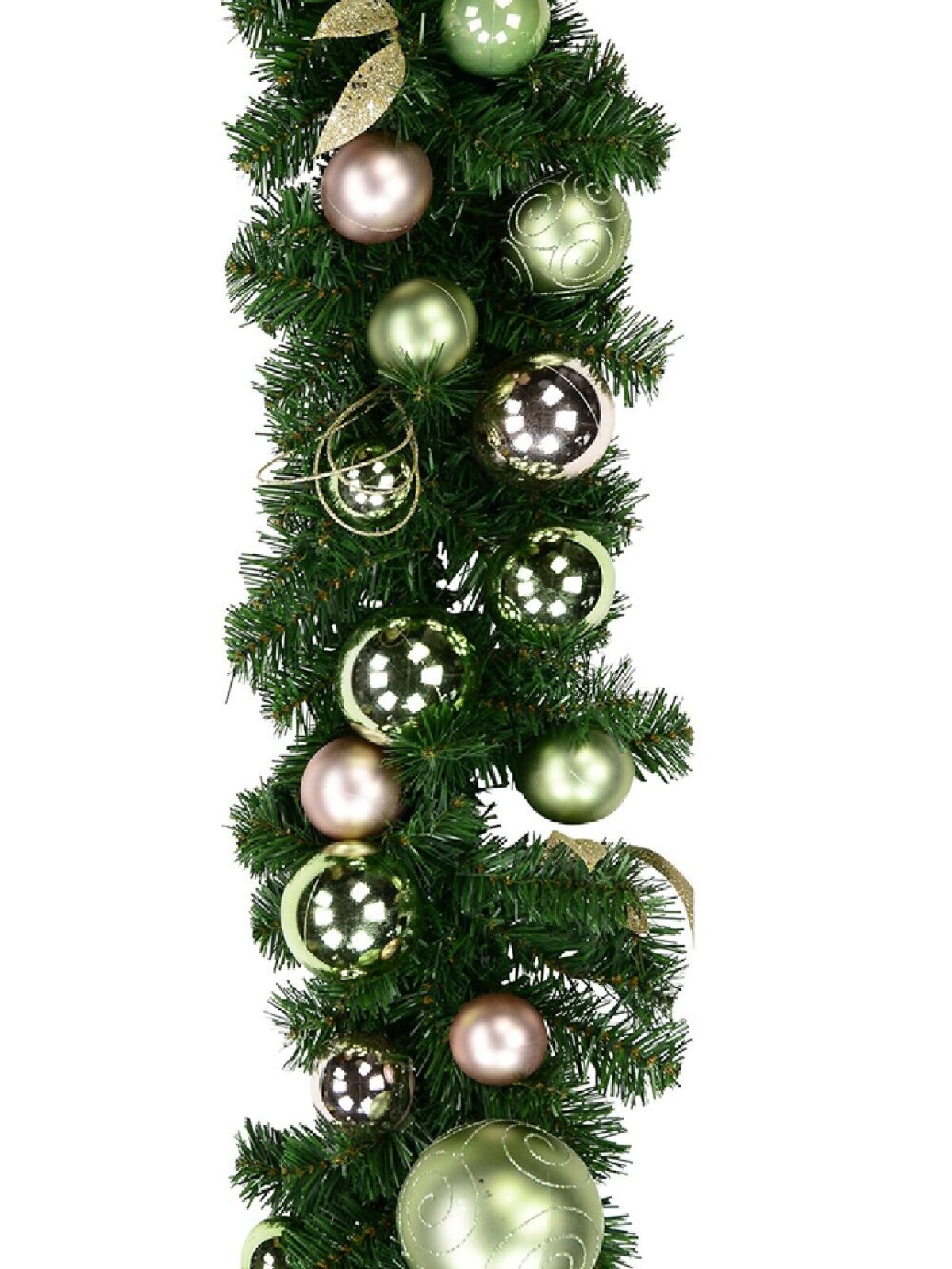 Decorated Pink & Mint Baubles, Whisker Loops & Leaf Stem Pine Garland - 2.7m