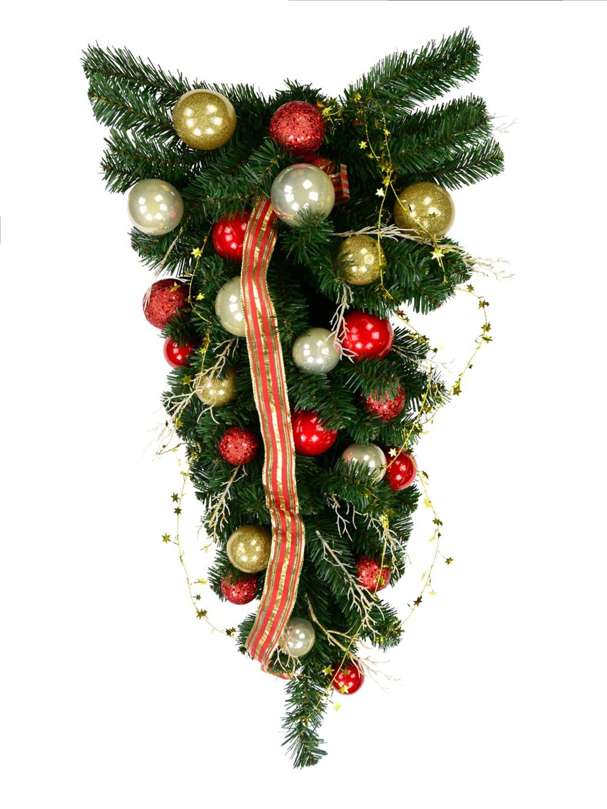 Decorated Red & Gold Bauble, Ribbon & Twigs Pine Teardrop Swag - 90cm