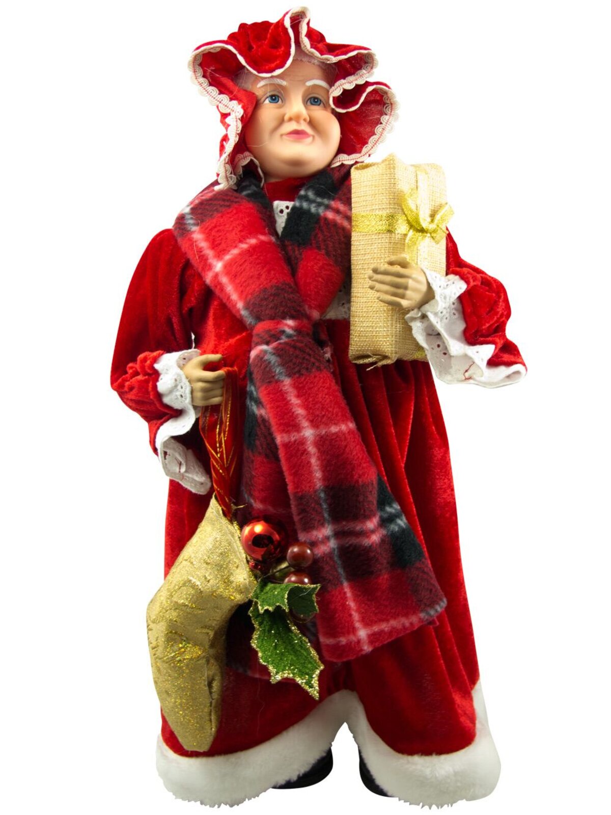 Decorative Mrs Claus With Tartan Shawl & Gifts - 46cm