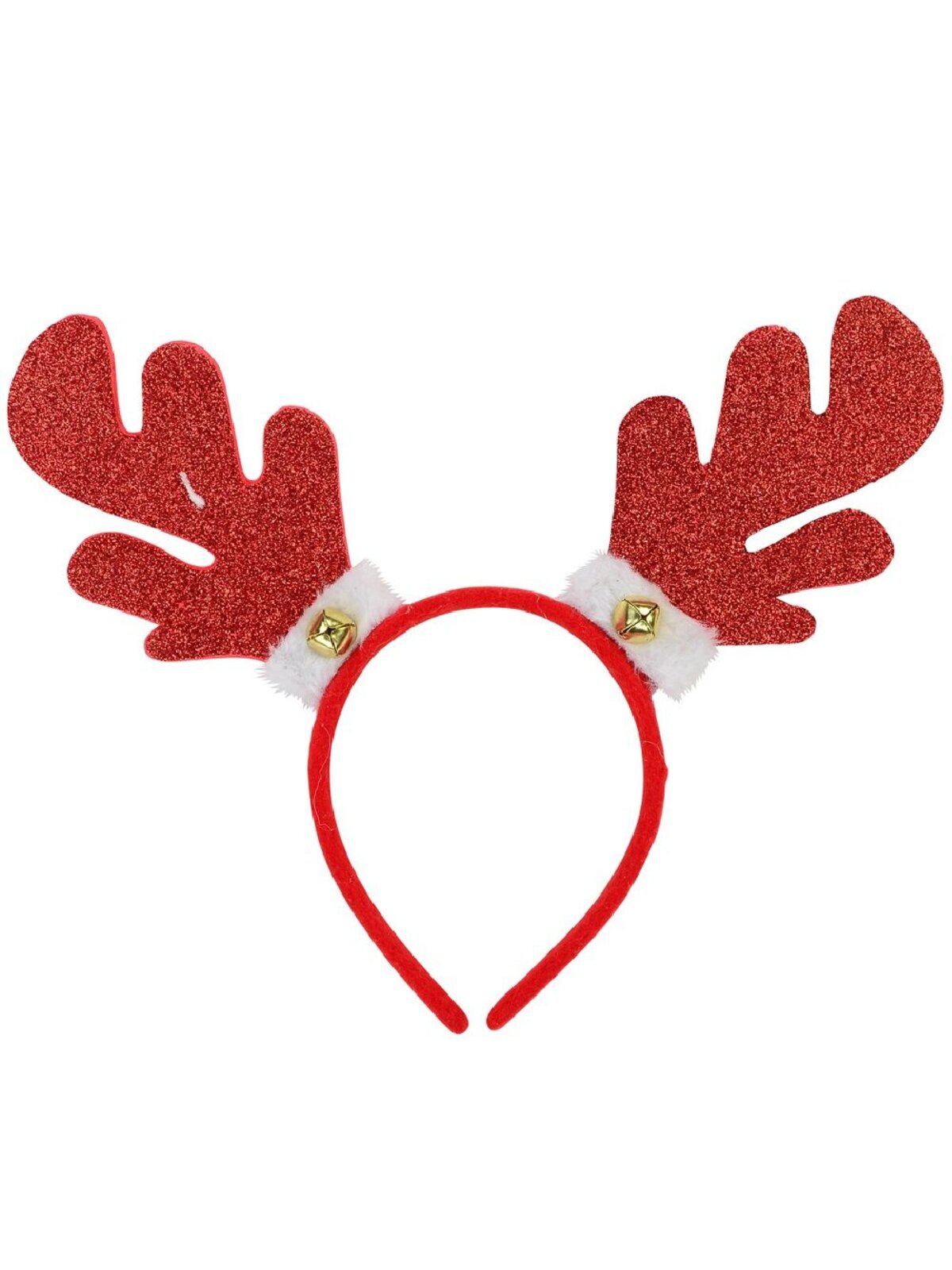 Glittered Reindeer Antlers Headband With Bell & Fluffy Cuff - One Size Fits Most
