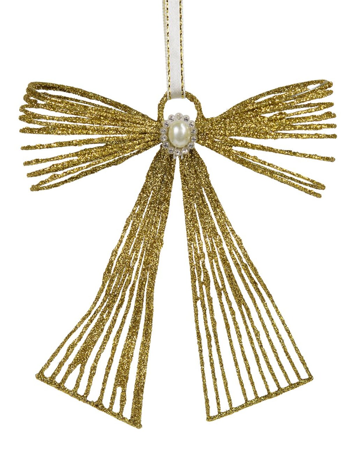 Gold Glitter Metal Ribbon Hanging Ornament with Pearl Embellishment - 12cm