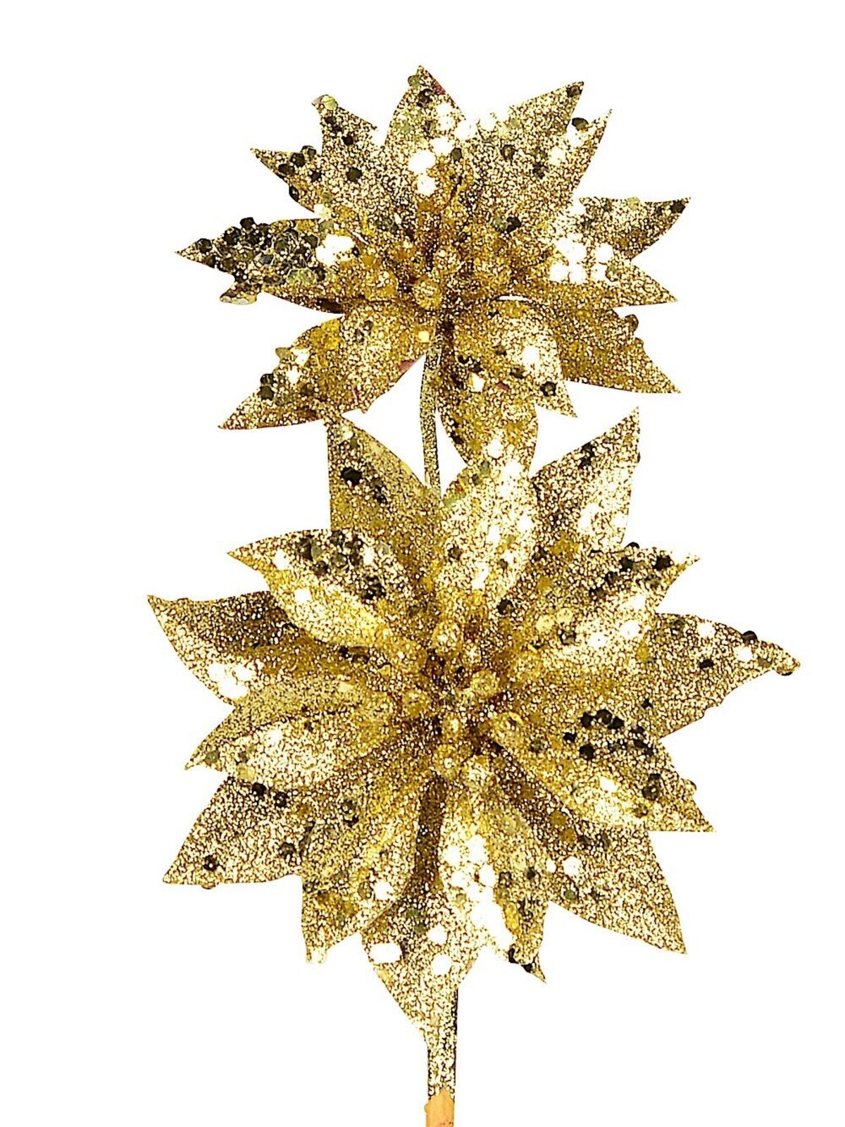 Gold Glitter Poinsettia Pick With 2 Flowers On Single Stem - 30cm