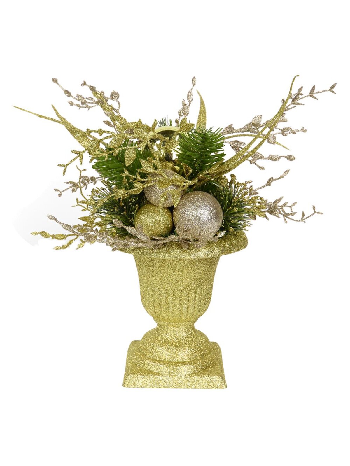 Gold Glitter Urn Vase with Green & Champagne Shrubbery - 30cm