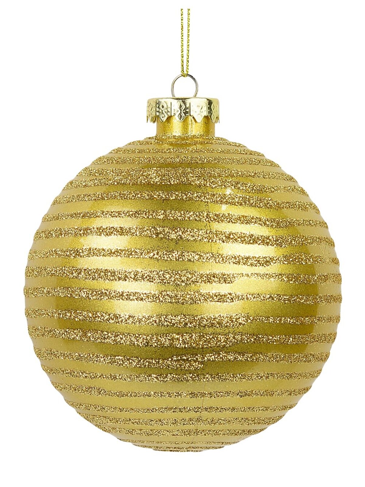 Gold Gloss Bauble with Gold Glitter Lined Design - 10cm