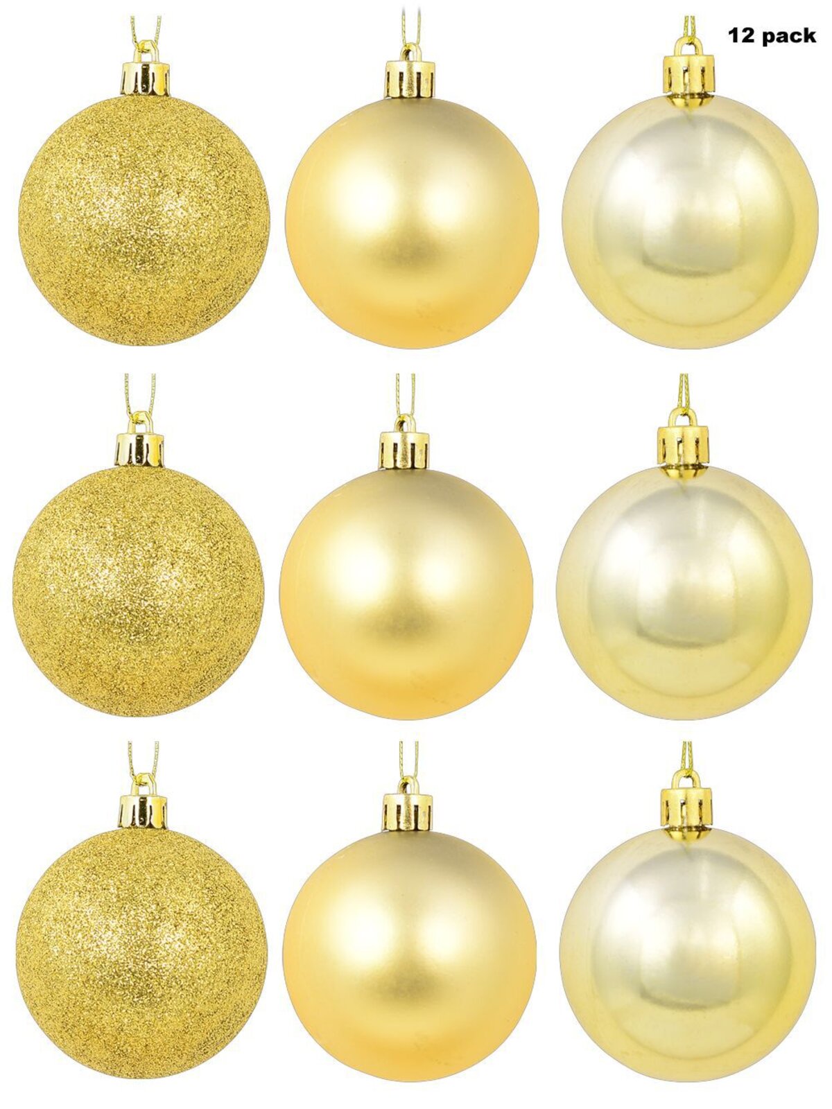 Gold Matte, Metallic & Glittered Baubles - 12 x 60mm