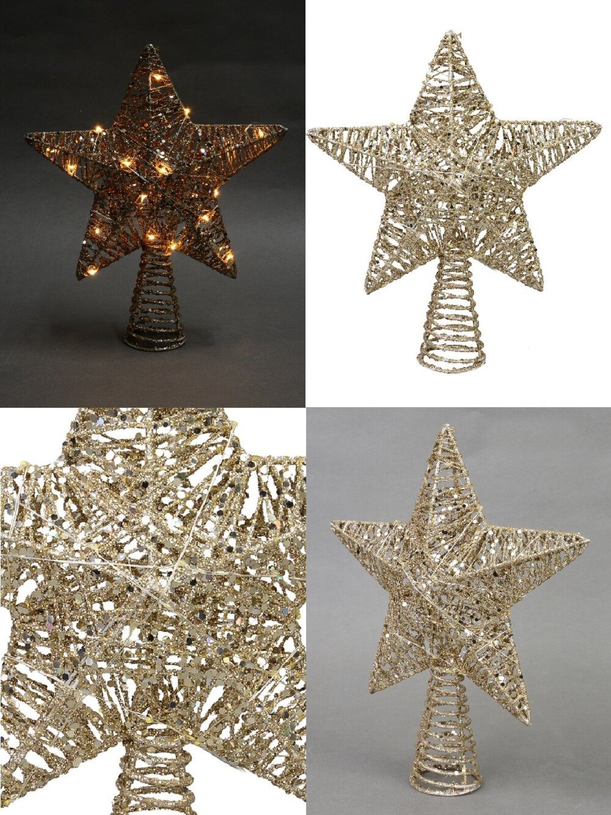 Gold Mesh Look Star Illuminated Warm White Tree Topper Ornament - 30cm
