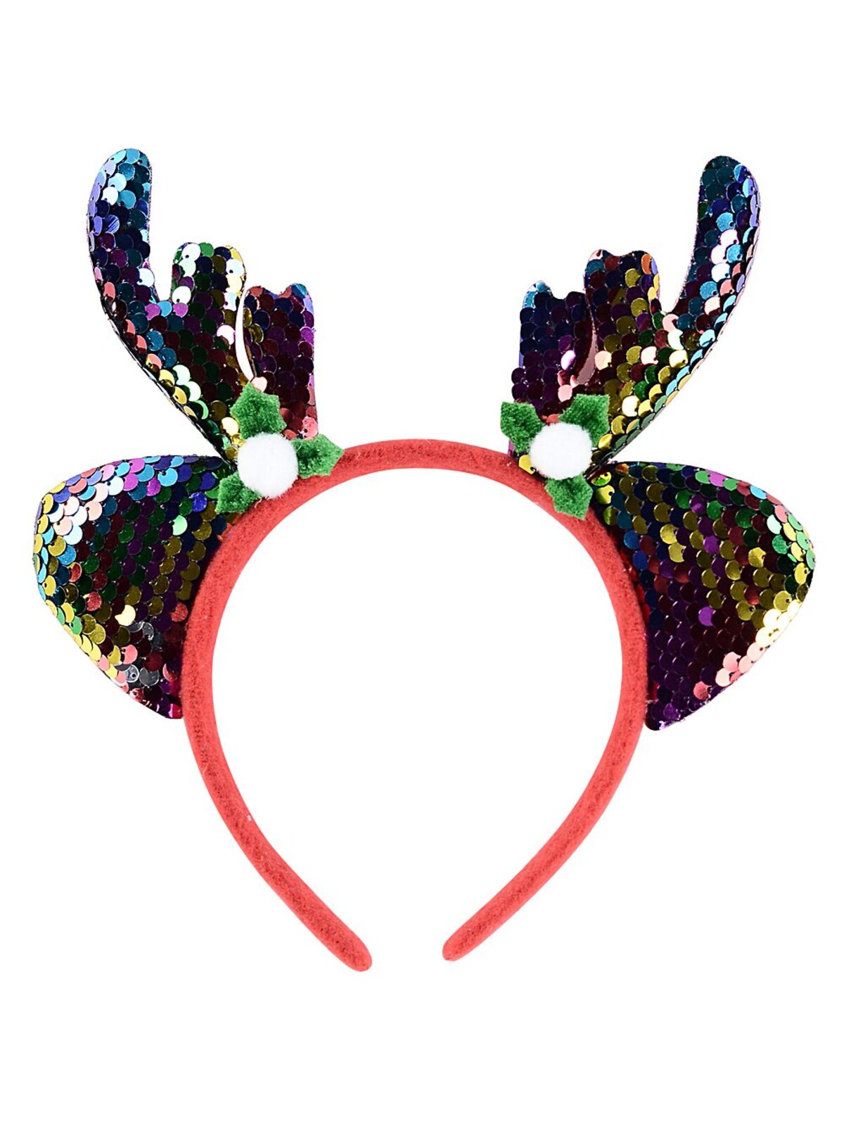 Gold Sequin Reindeer Antlers Headband With Holly | One Size Fits Most