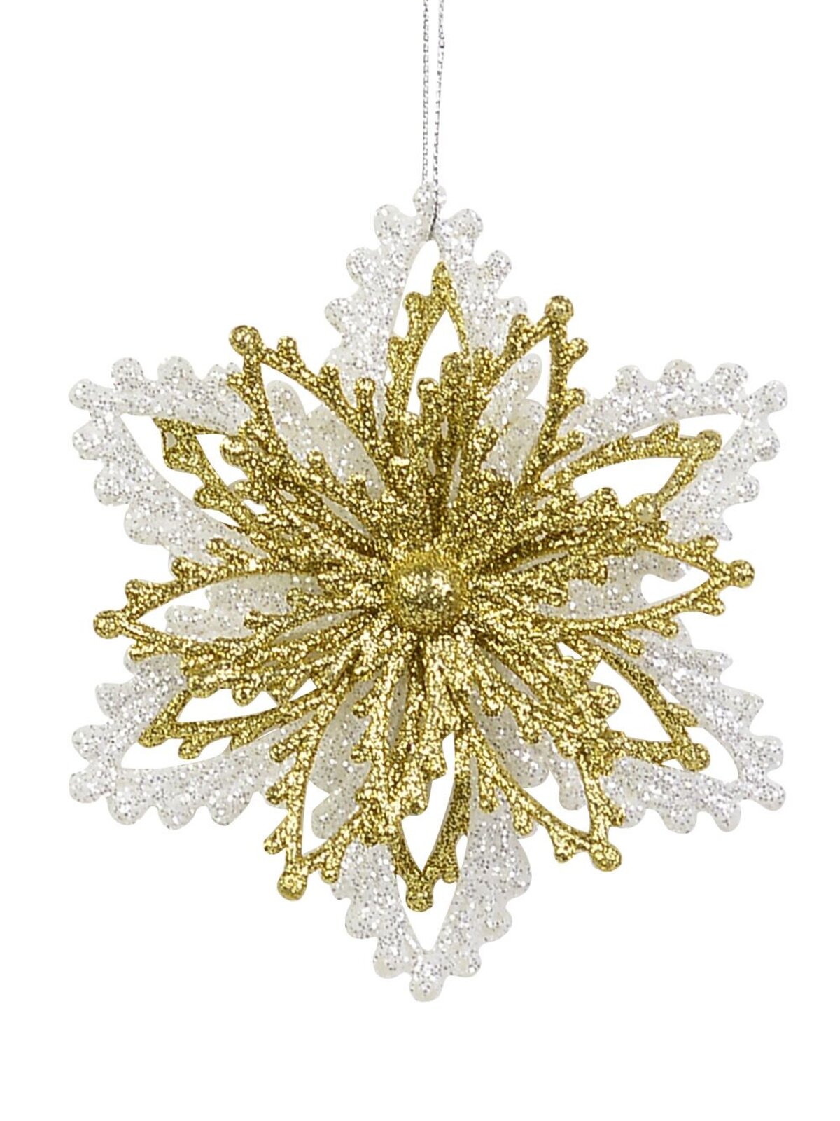 Gold & White Glitter Snowflakes Hanging Ornament - 13cm