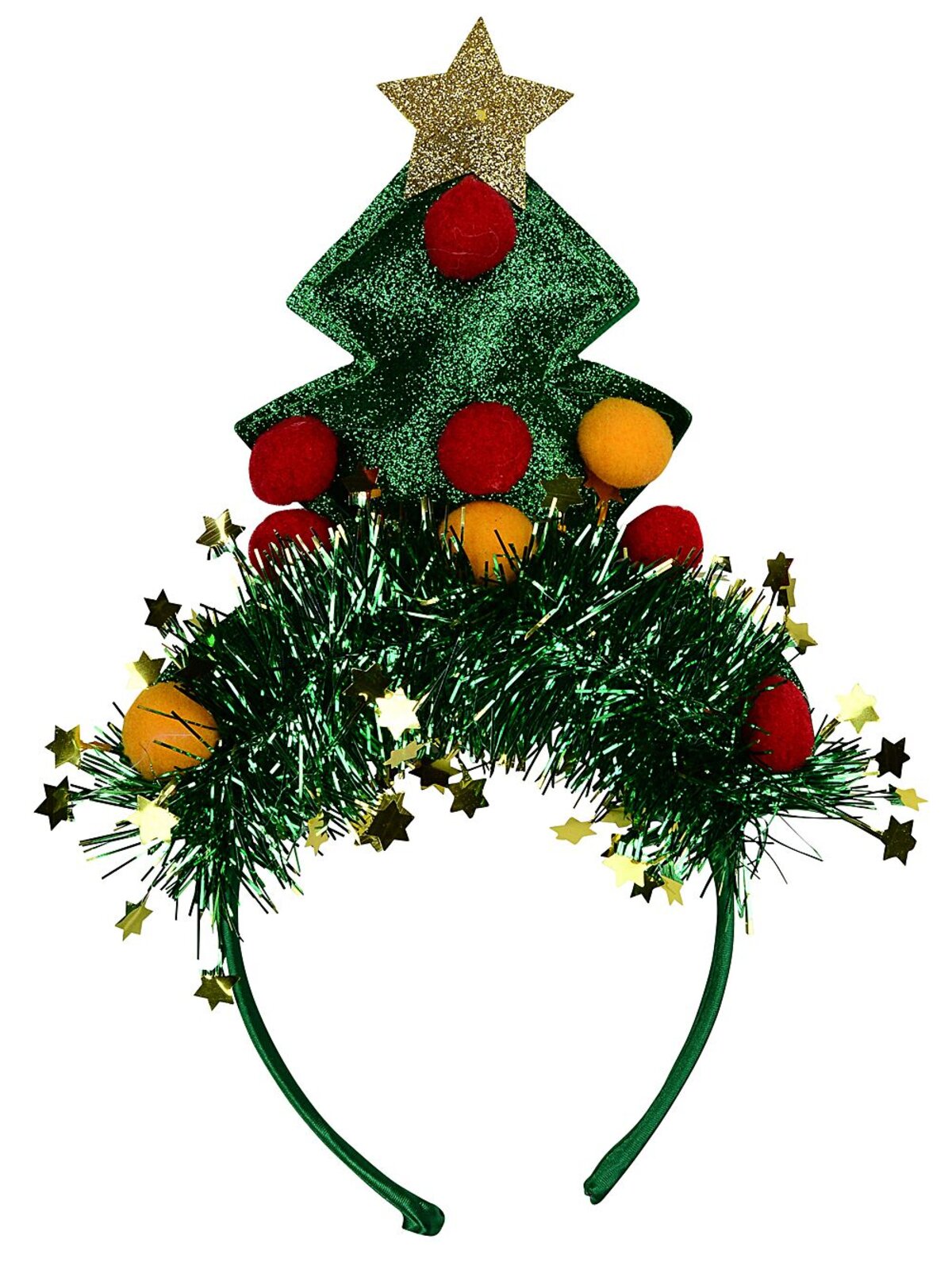 Green Christmas Tree Headband With Tinsel, Star & Poms | One Size Fits Most