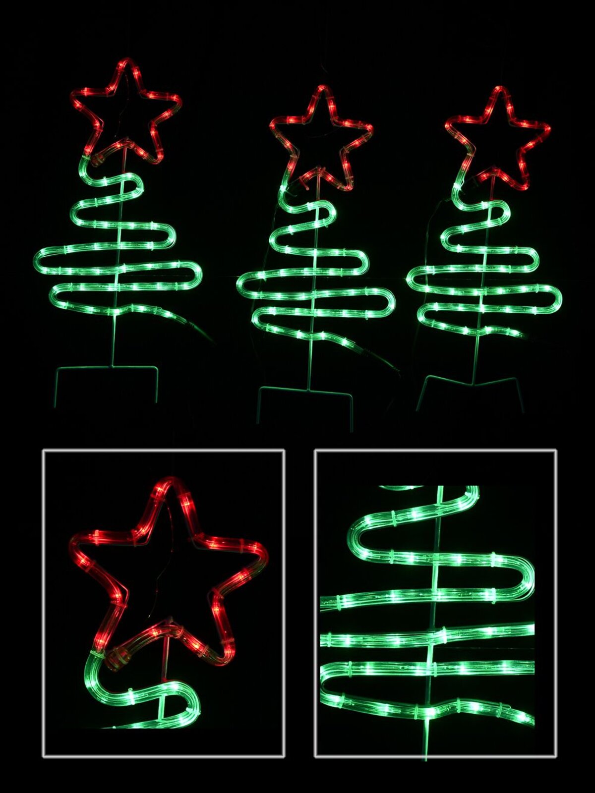 Green LED Christmas Trees With Red Stars Path Rope Light Silhouettes - 72cm