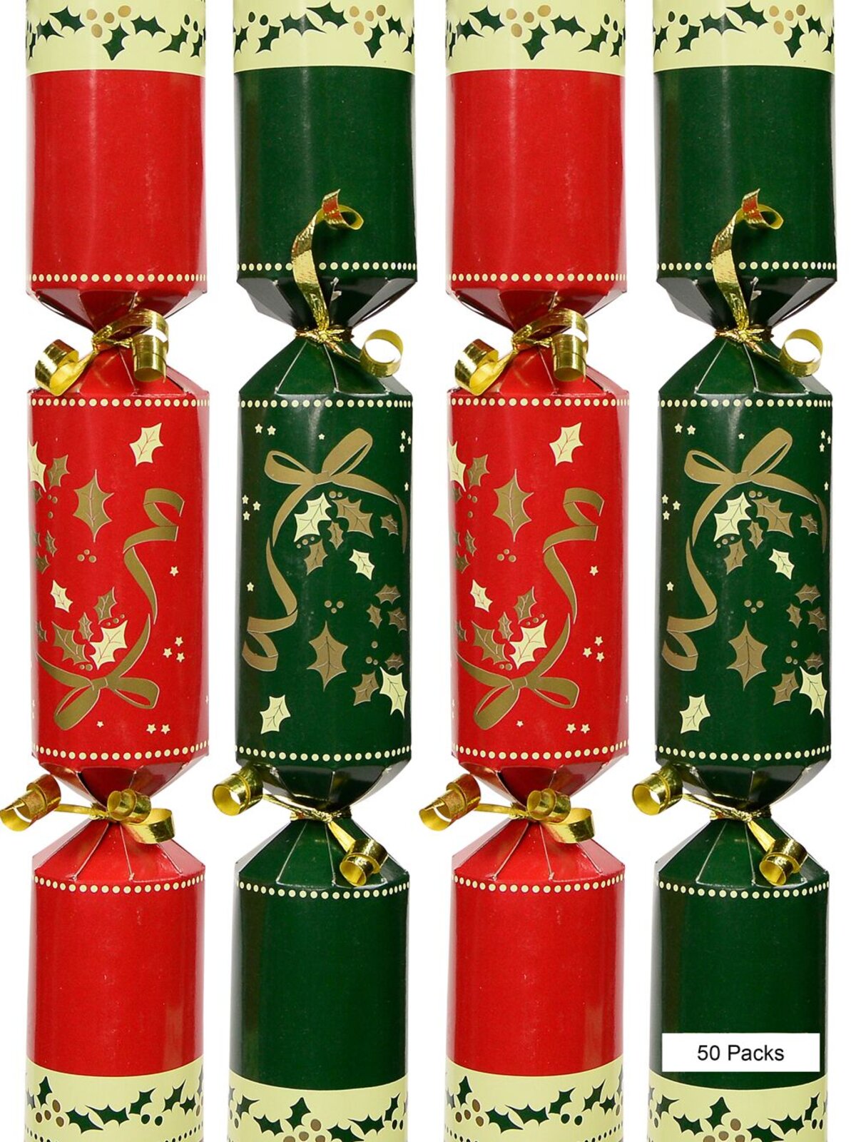 Green & Red With Ribbon & Holly Leaf Bon Bons - 28cm x 50 Pack