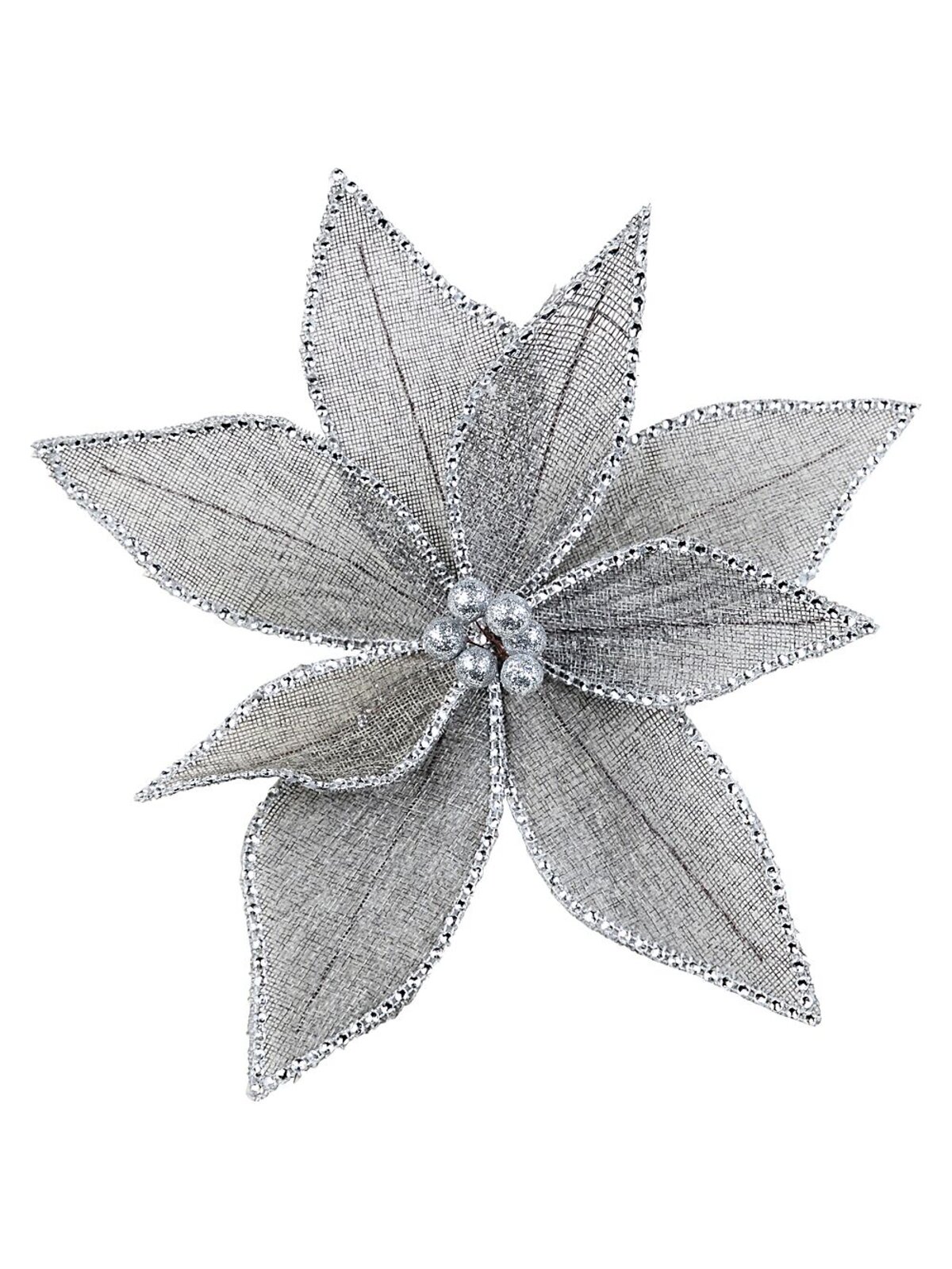 Grey Mesh & Silver Diamante Poinsettia Christmas Tree Clip Pick | 30cm