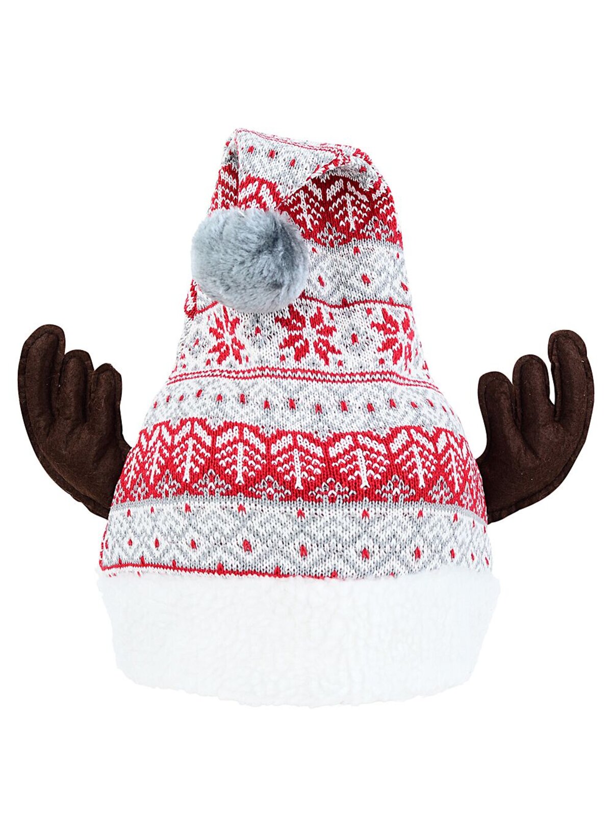 Grey Red & White Knitted Sweater Santa Hat With Antlers | One Size Fits Most