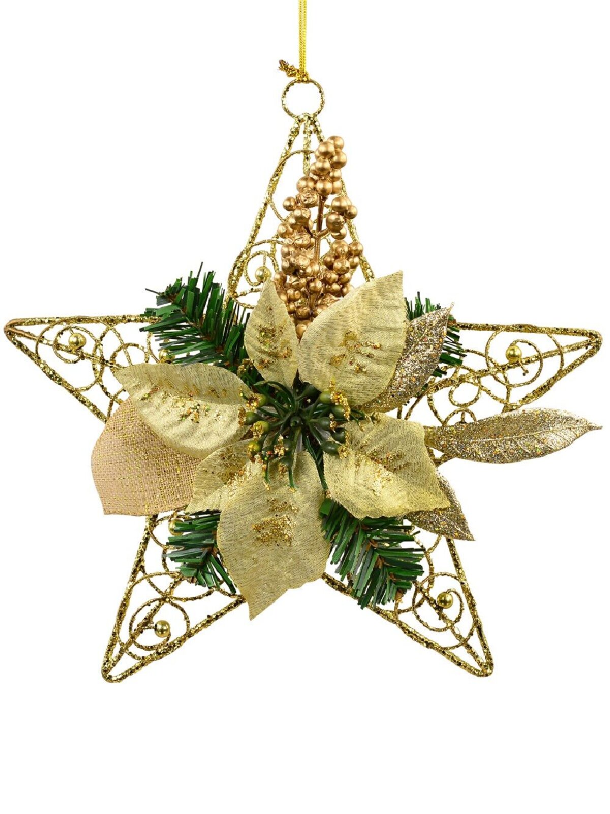 Hanging Decorative 3D Metal Wire Star With Pine & Poinsettia Ornament - 30cm