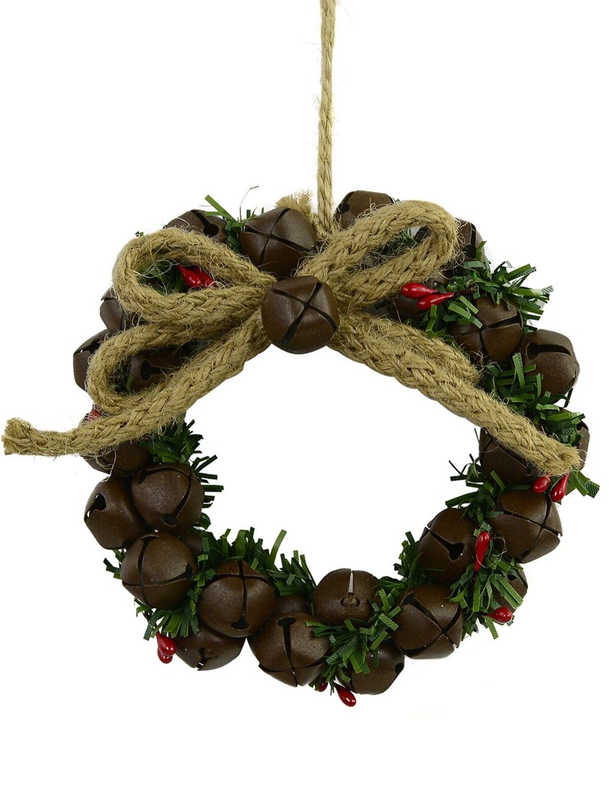 Hanging Decorative Metal Bells Wreath With Jute &amp; Foliage - 10cm