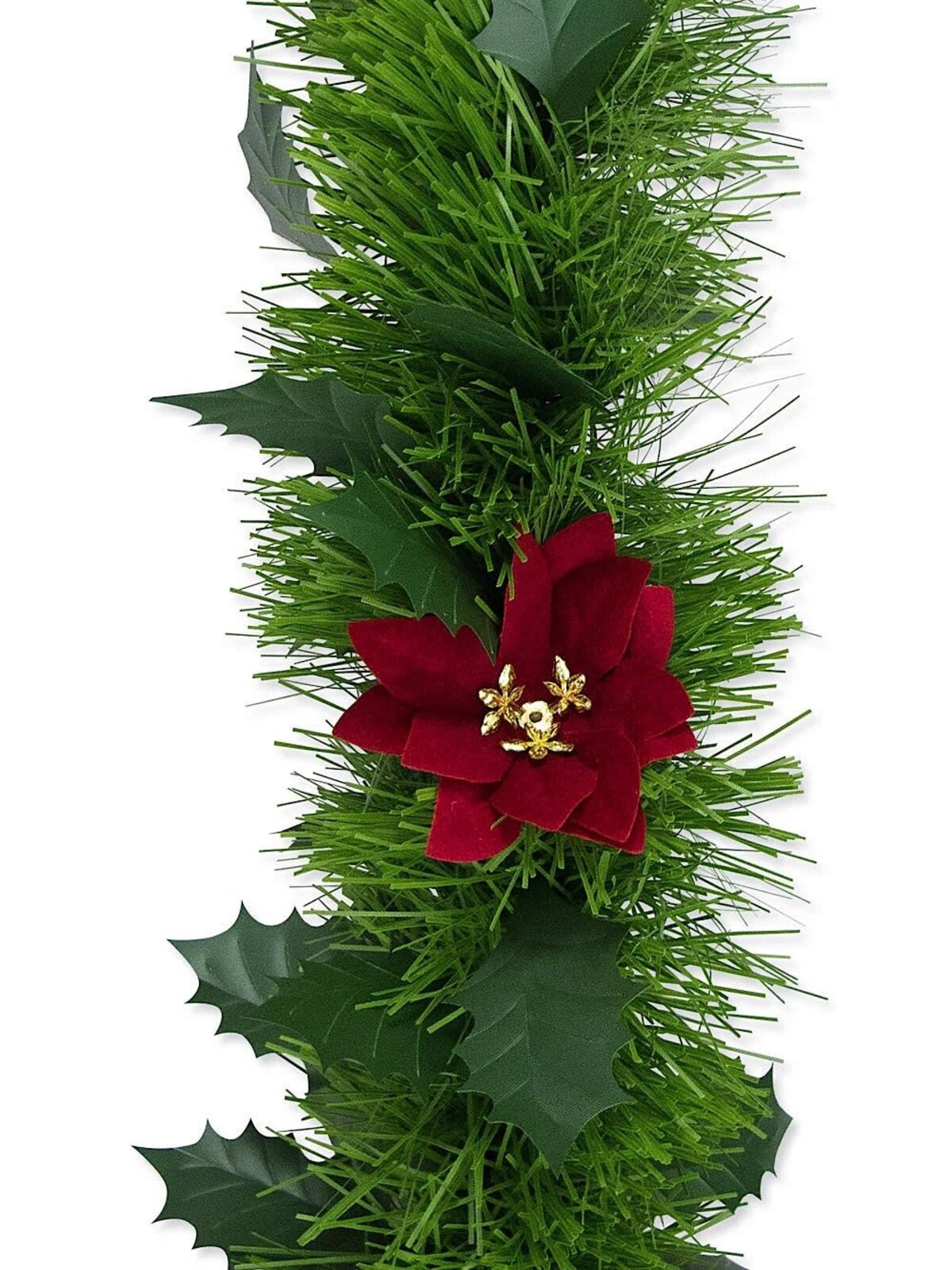Holly Leaf & Poinsettia Pine Tinsel Garland - 5.5m