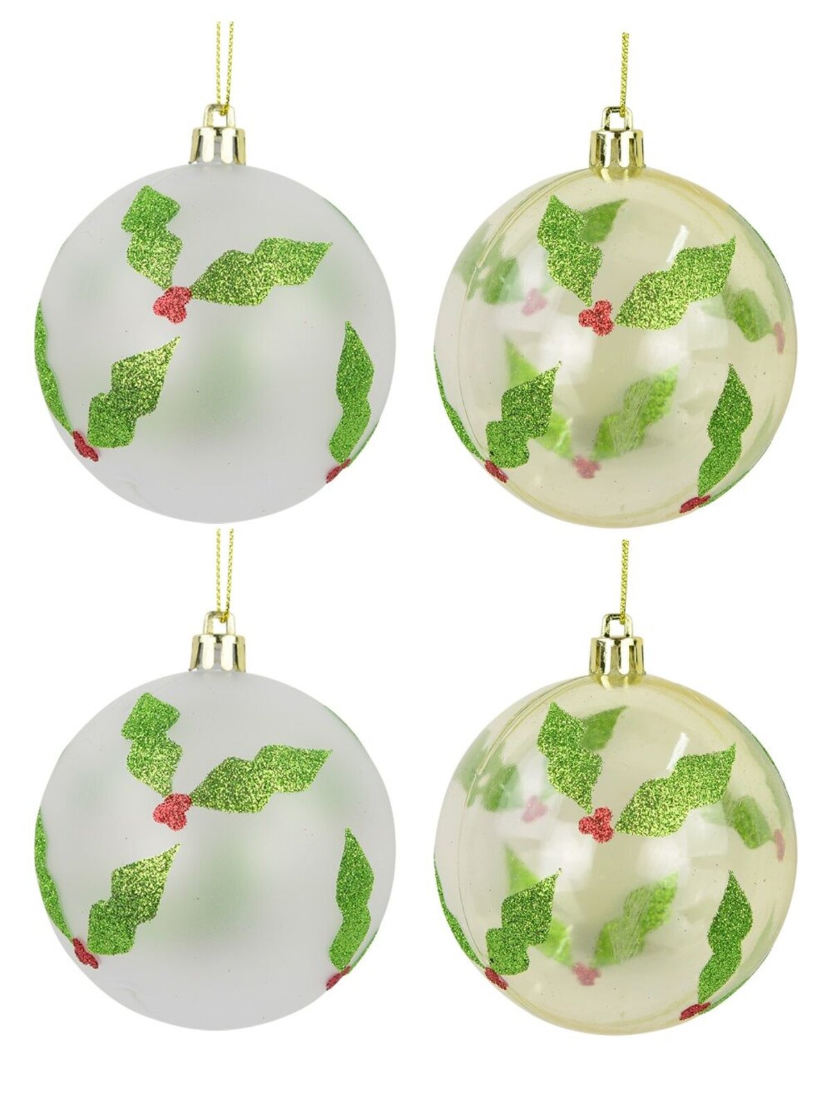 Holly Print Baubles In Pearl White & Clear Gold - 4 x 60mm